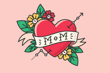 Picture of a tattoo showing the word "mom" inside of a heart, along with an uptrending line chart