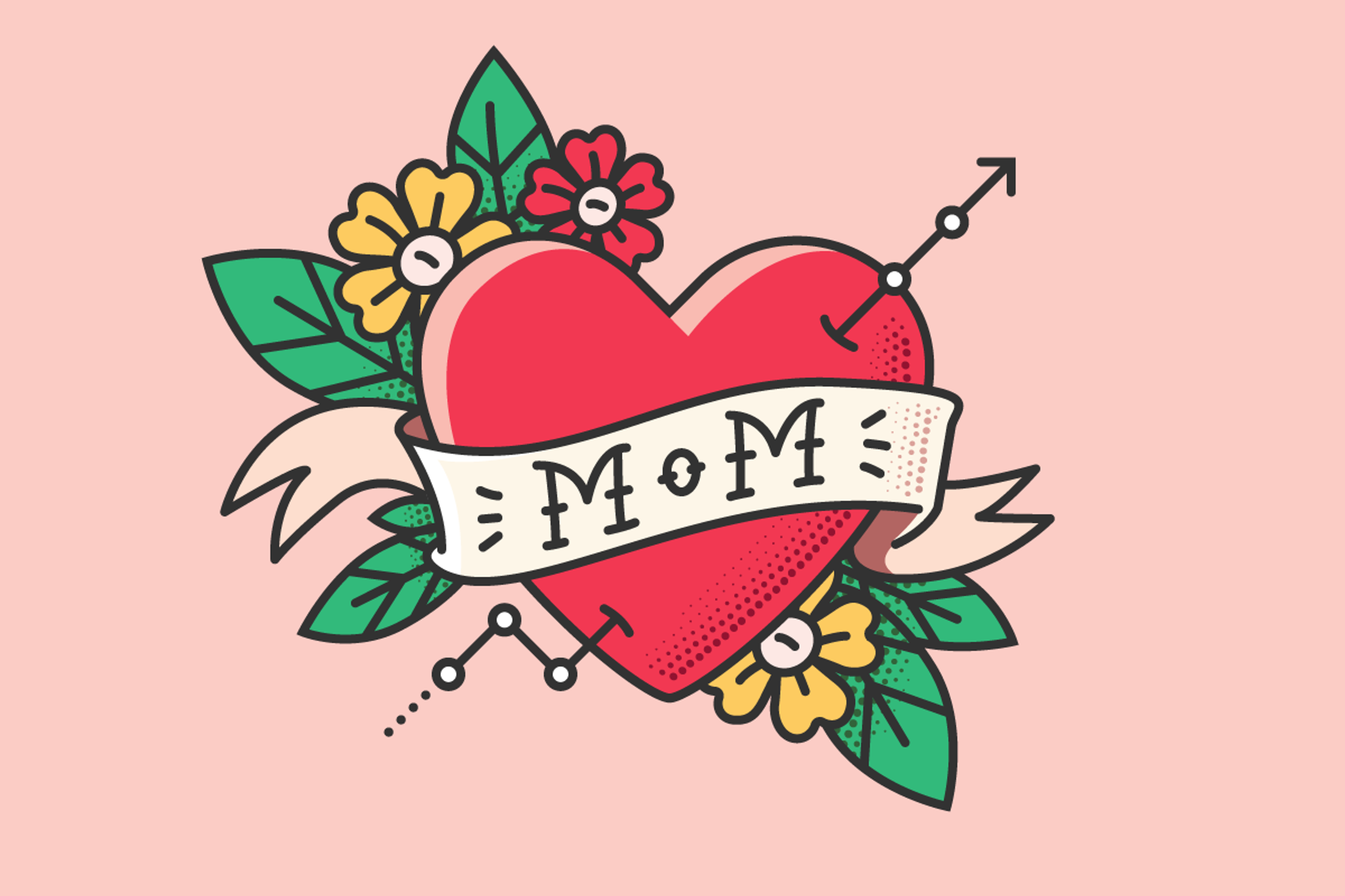 Picture of a tattoo showing the word "mom" inside of a heart, along with an uptrending line chart