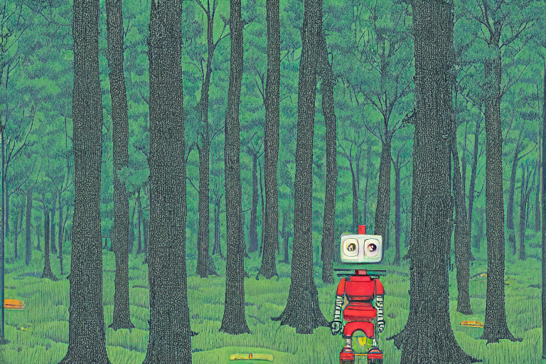 An illustration of a robot standing amongst a forest of tall trees. The robot looks lost and confused. Don't worry, robot. We're here to help you.