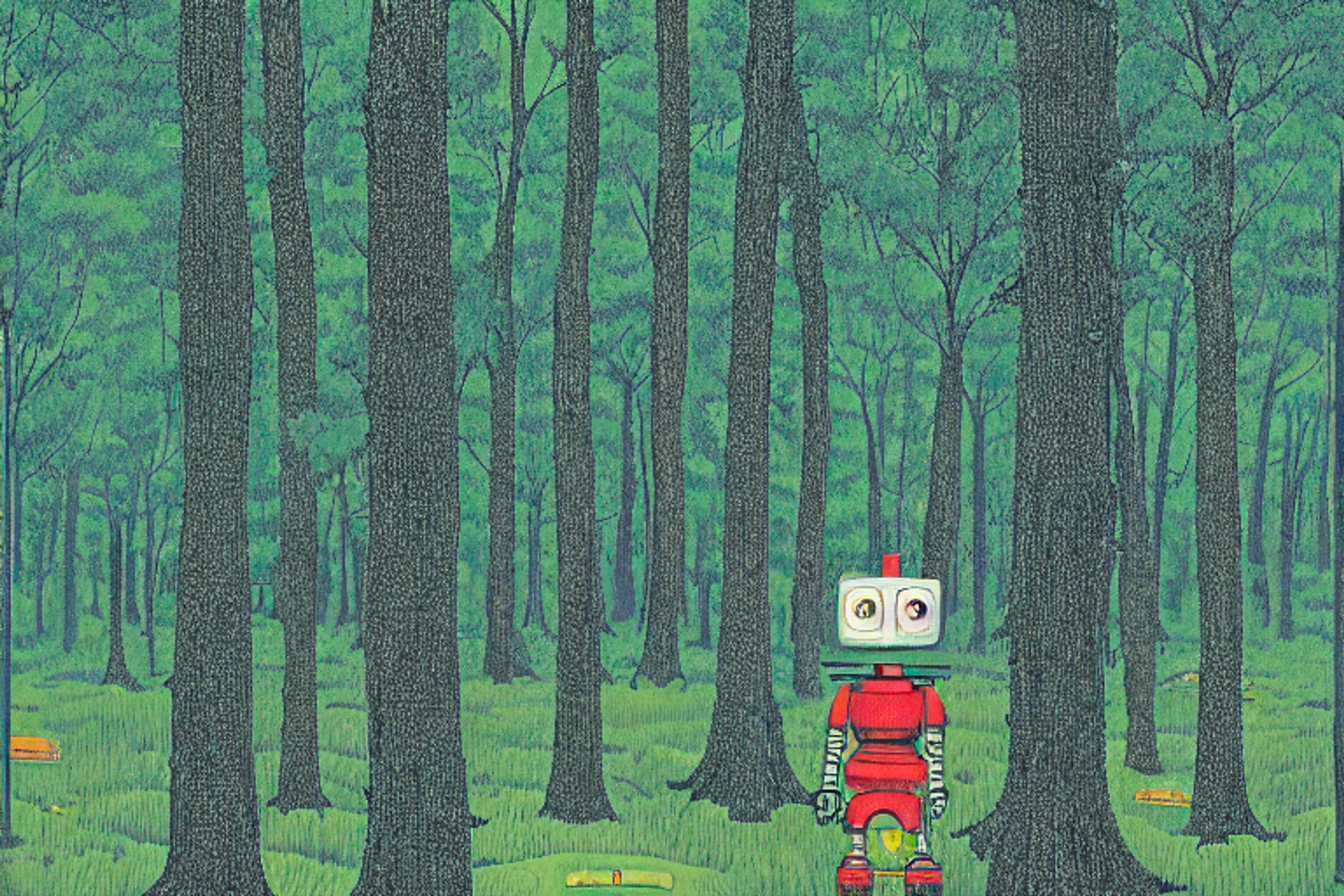 An illustration of a robot standing amongst a forest of tall trees. The robot looks lost and confused. Don't worry, robot. We're here to help you.