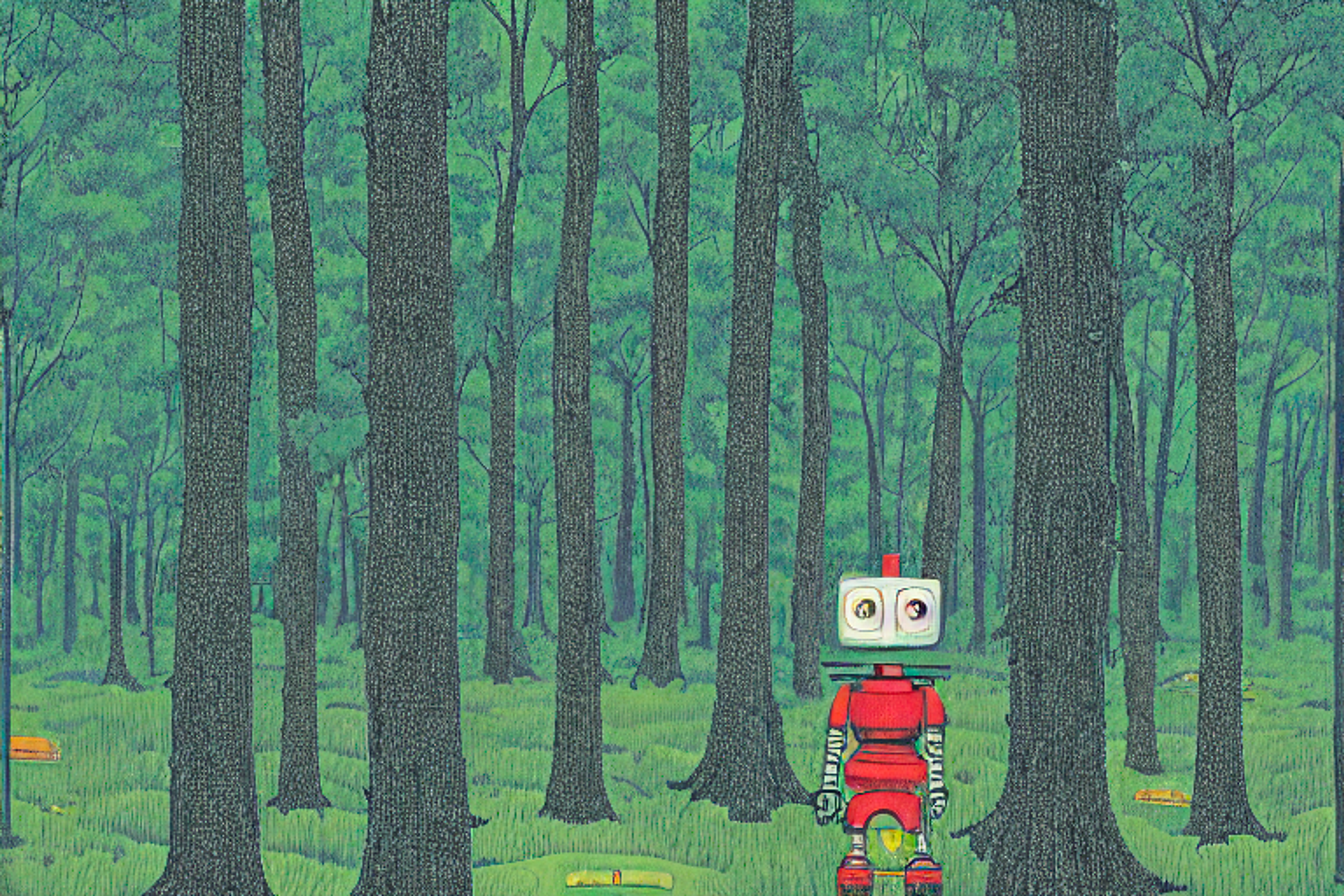 An illustration of a robot standing amongst a forest of tall trees. The robot looks lost and confused. Don't worry, robot. We're here to help you.