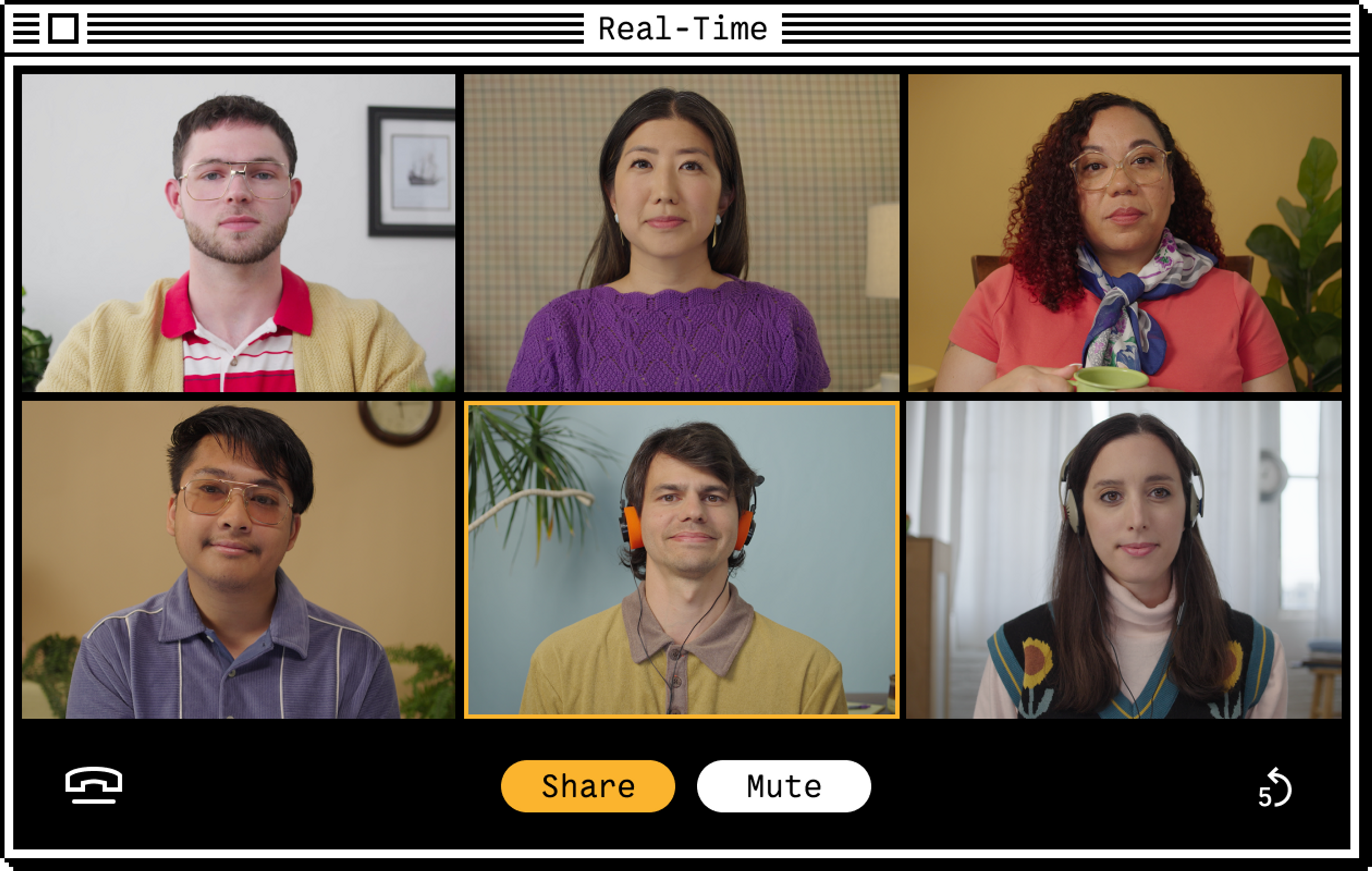 Image that shows 6 users in a video call that's titled Real-Time