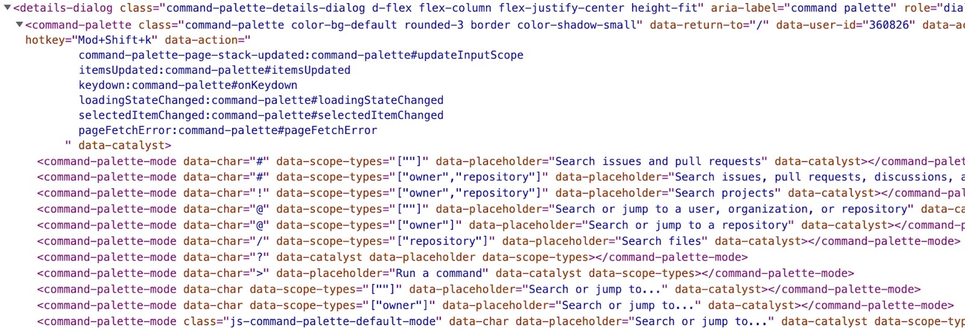 GitHub's HTML DOM structure showing custom HTML.