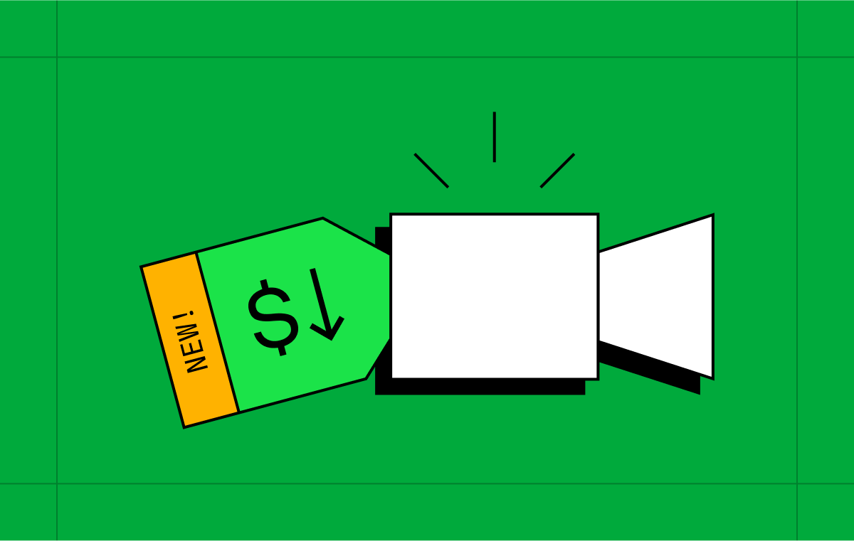 A video camera with a price tag, which shows prices being reduced.