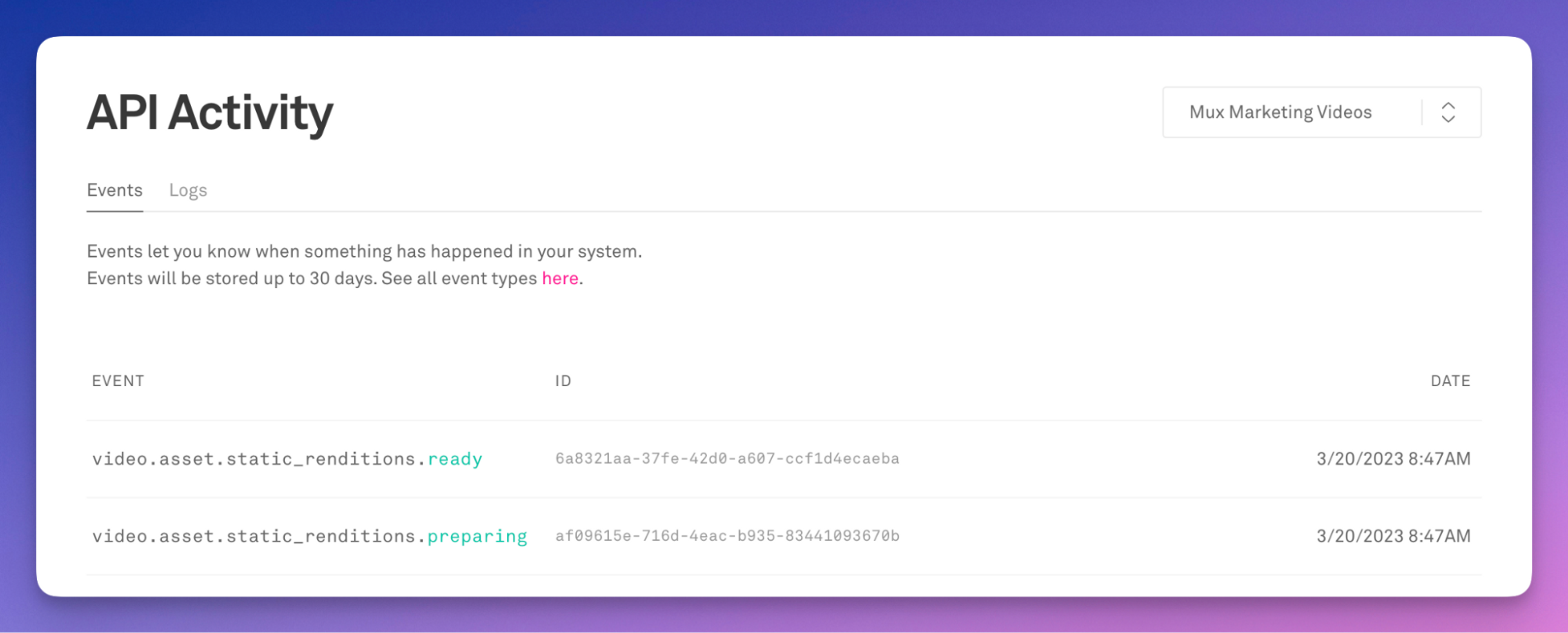 A screenshot from the Mux dashboard depicting the Webhooks sent out during the generation of Mux static renditions