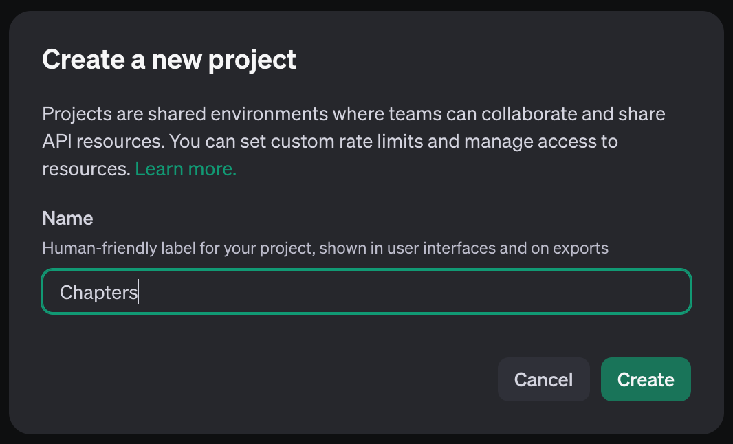 Screenshot of where you create a new project in OpenAI