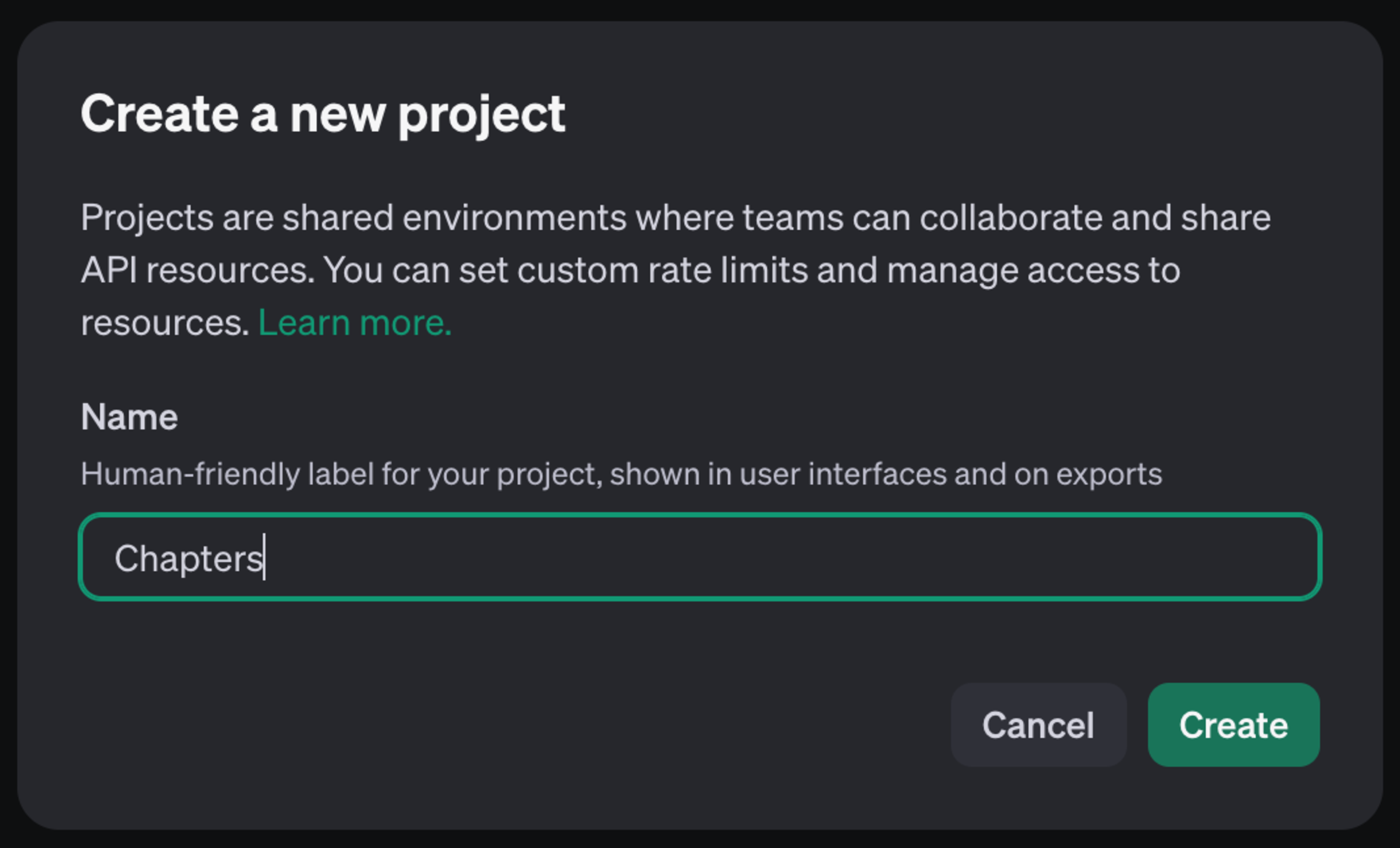 Screenshot of where you create a new project in OpenAI