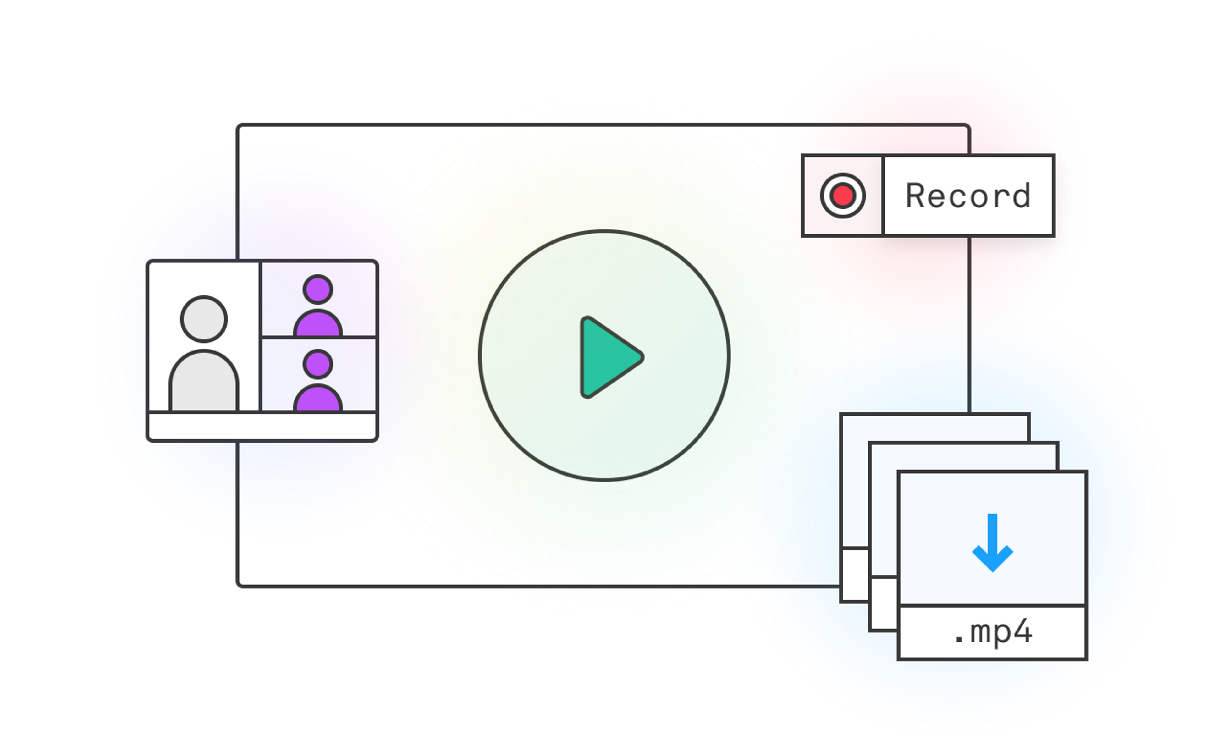A video player with a recording indicator, a real-time video chat, and an mp4 download