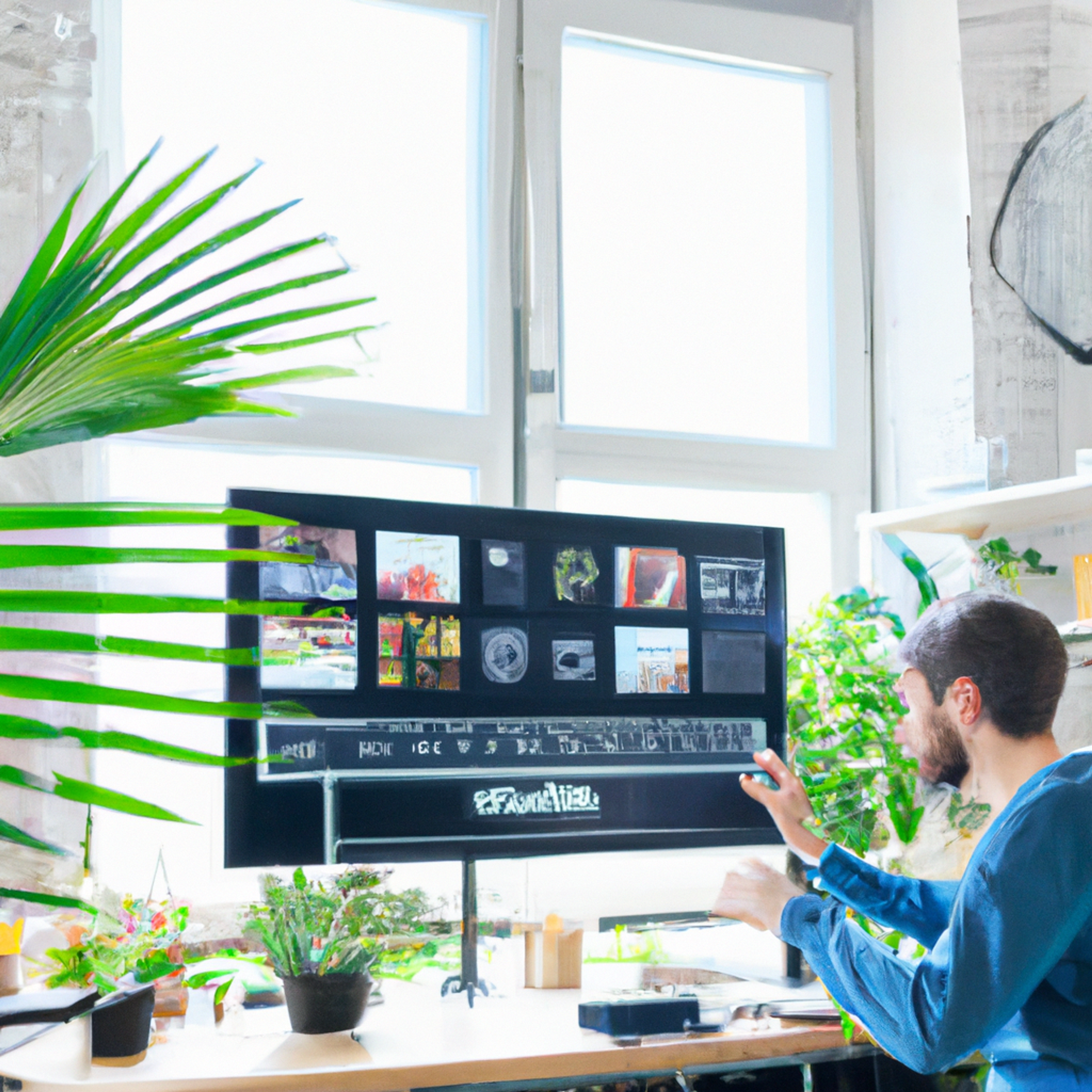 An AI-generated image of a white man working in what appears to be a video editor on a computer. He sits in a well-lit office surrounded by green plants. The details are smudged, it's clearly not a real photo.