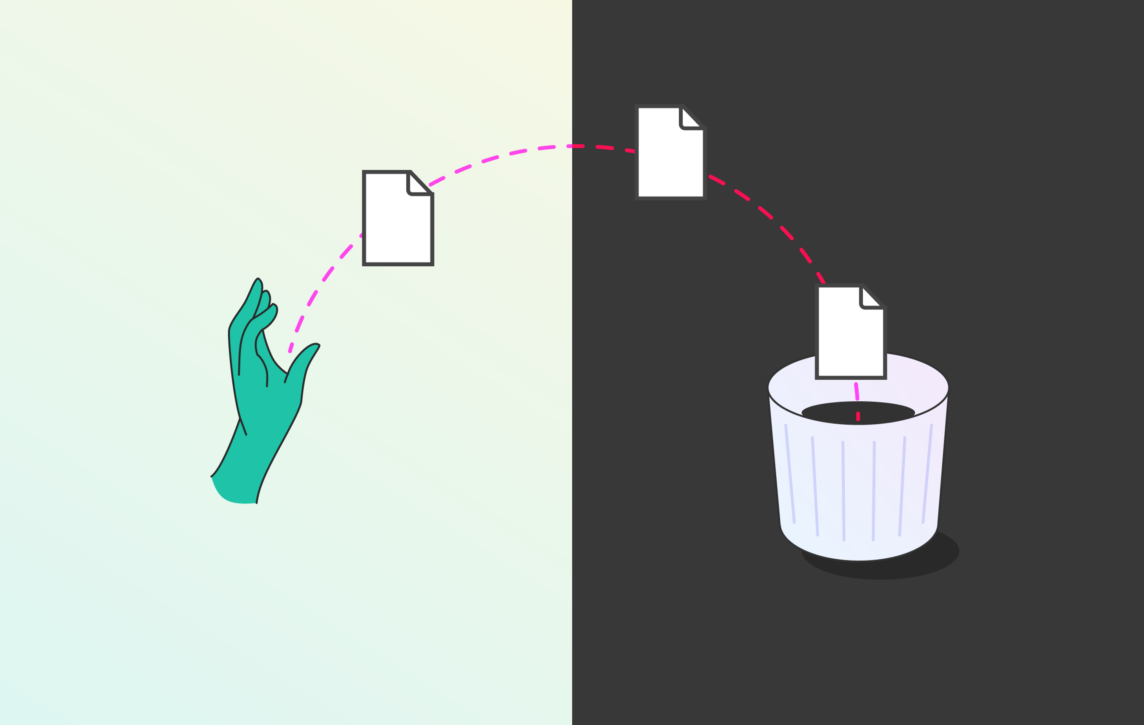 An illustration depicting a human hand tossing a file into a trash bin