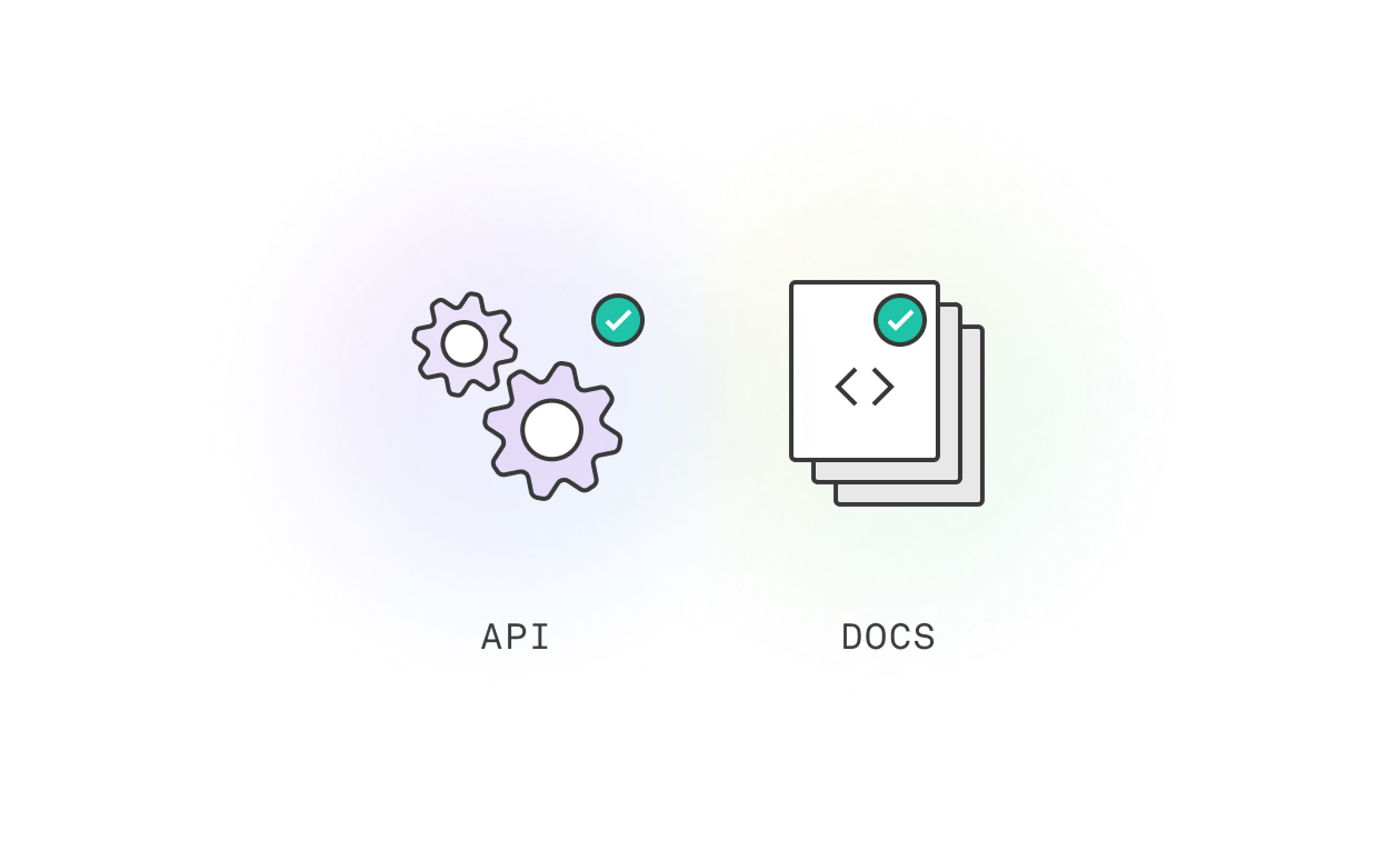 2 icons, one with 2 gears that says API below and one with pages that says docs below