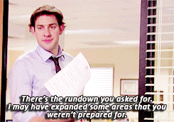 An image of Jim from The Office talking about the rundown