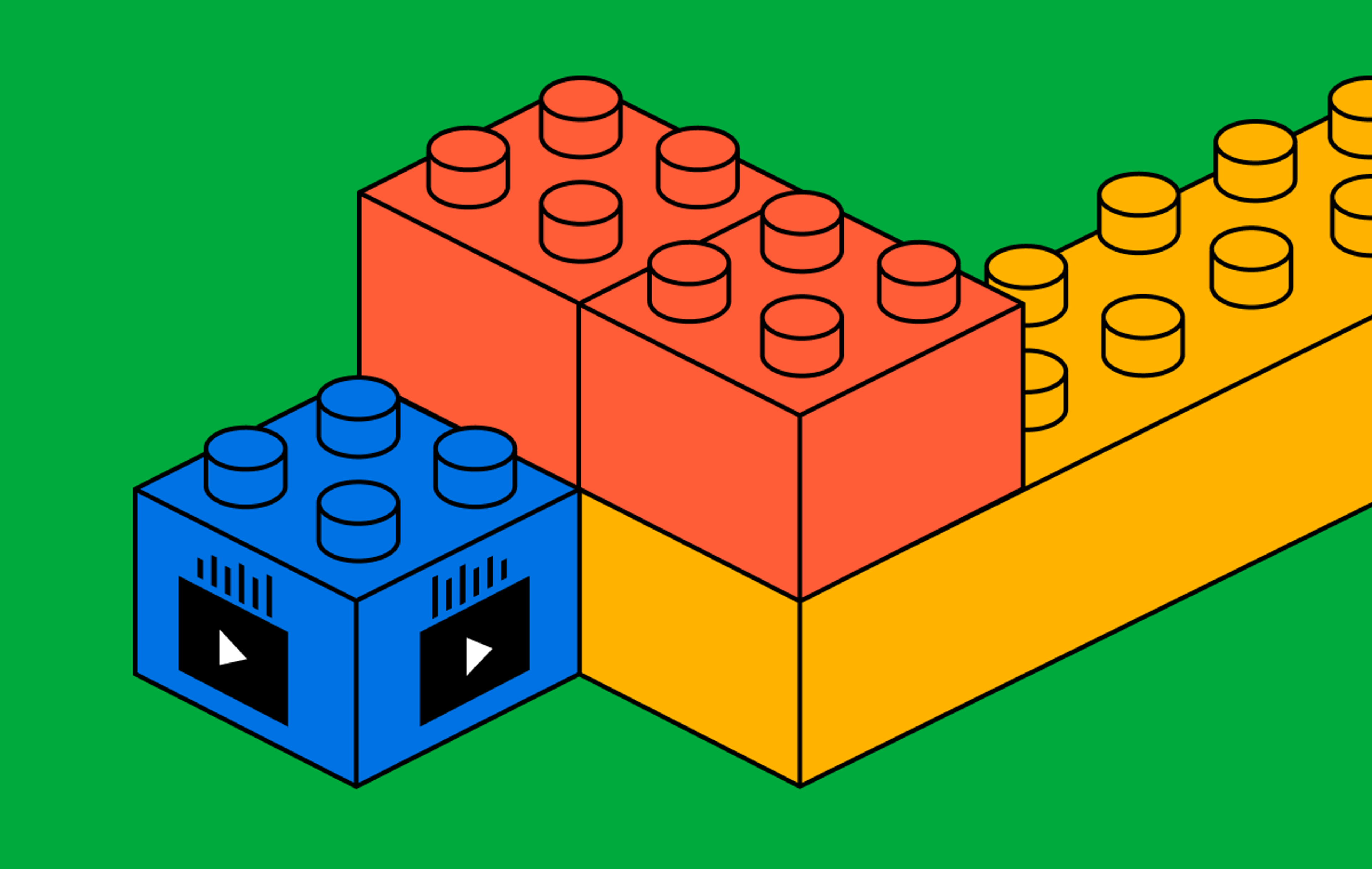 Building blocks in the style of LEGO stacked together. The blue building block has a player symbol with a graph above it. 