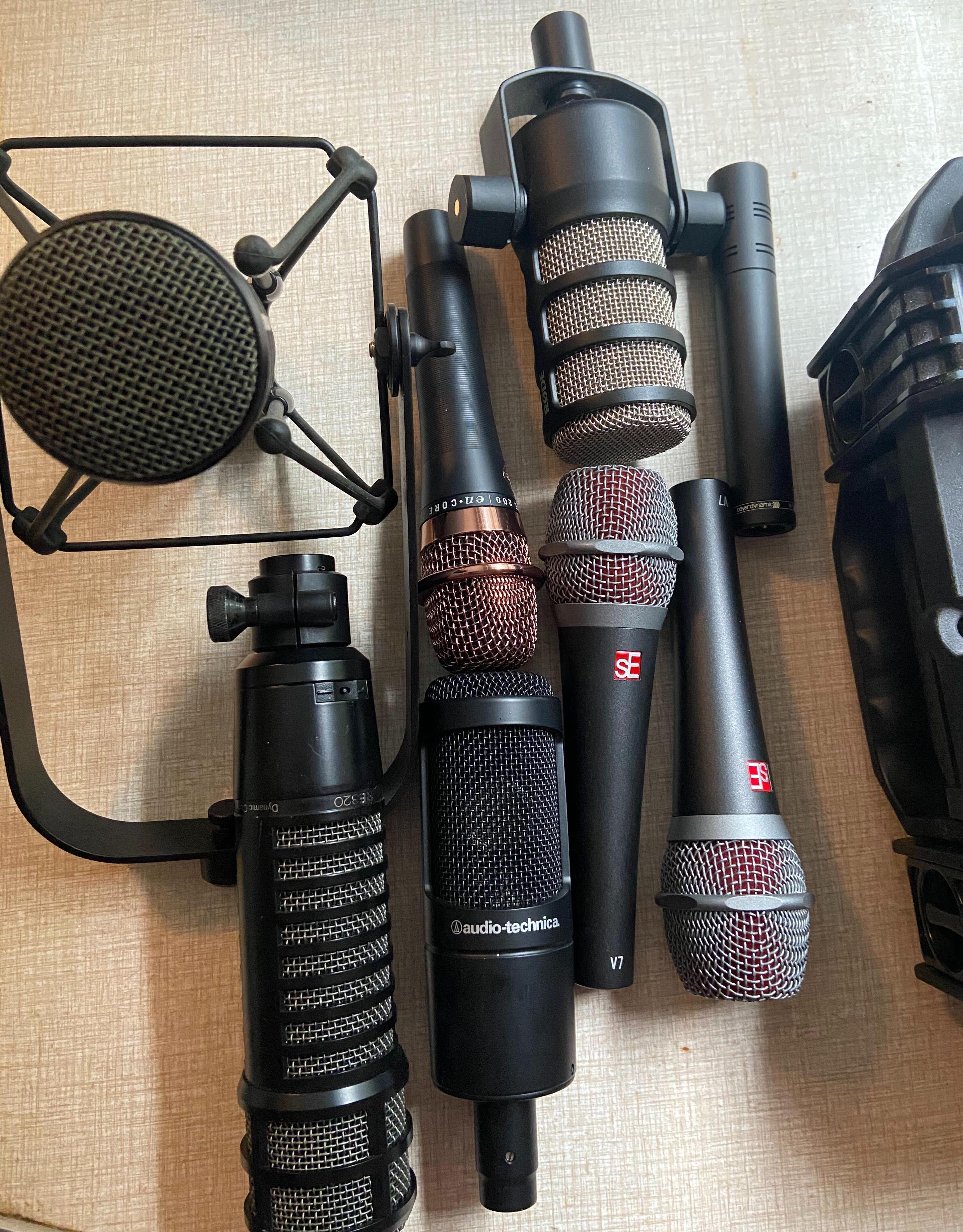 A collection of seven microphones I just had lying on my desk at home.