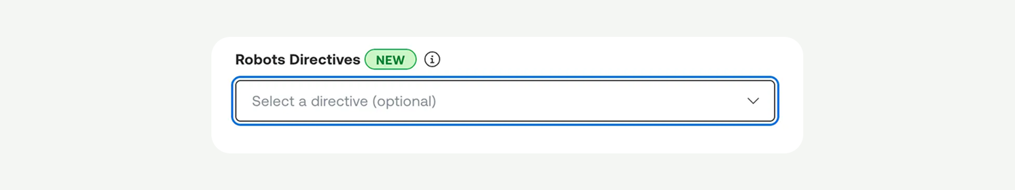 Screenshot of a "Robots Directives" field in the Mux dashboard, marked with a green "NEW" badge. Below the label is a dropdown input with placeholder text reading "Select a directive (optional)," currently focused with a blue outline.