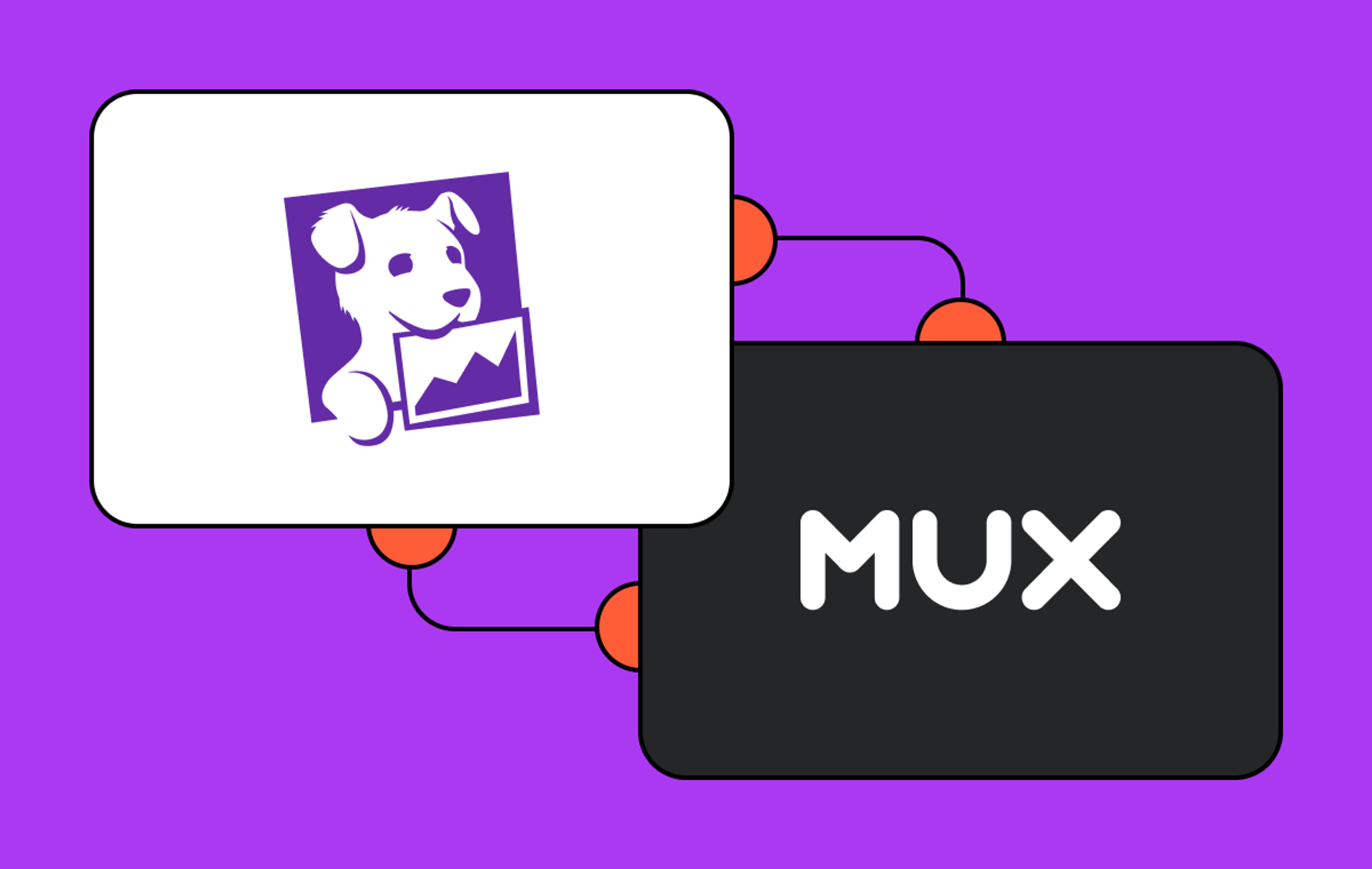 The Datadog logo (a cartoon dog with a picture in its mouth) on the upper left and Mux logo (Mux spelled out in white letters on a black background) on the bottom right. Both are atop a purple background.
