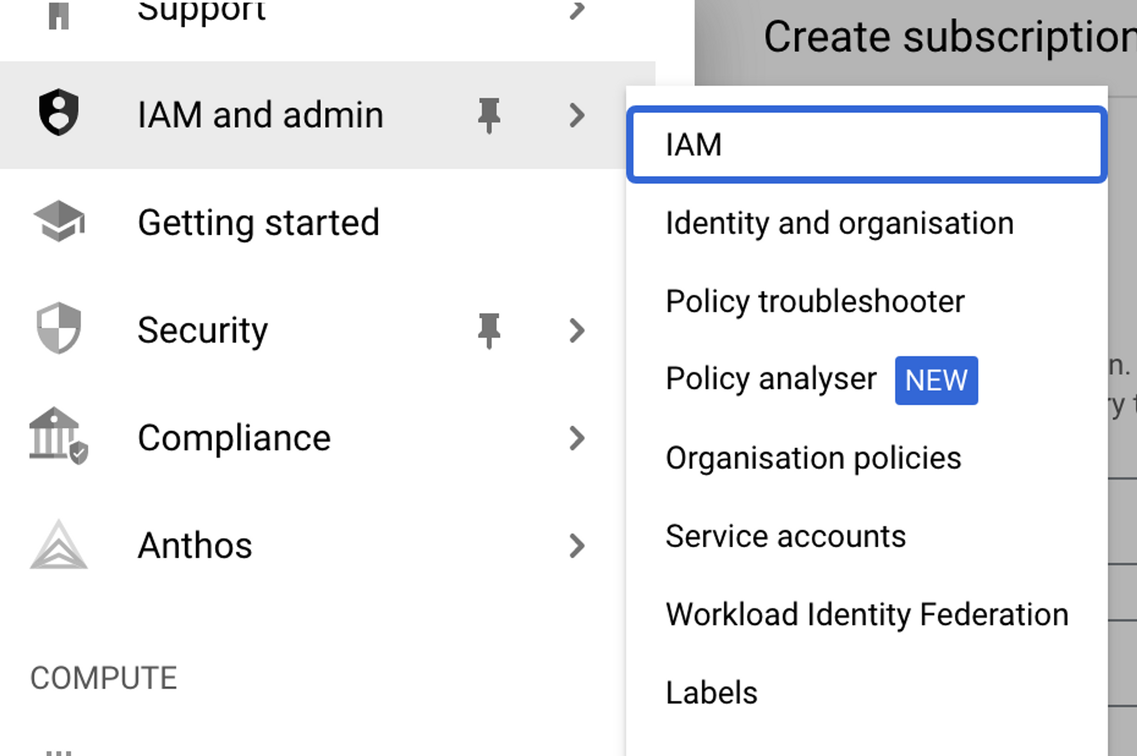 A screenshot showing the location of the "IAM" submenu item within the "IAM and admin" parent menu