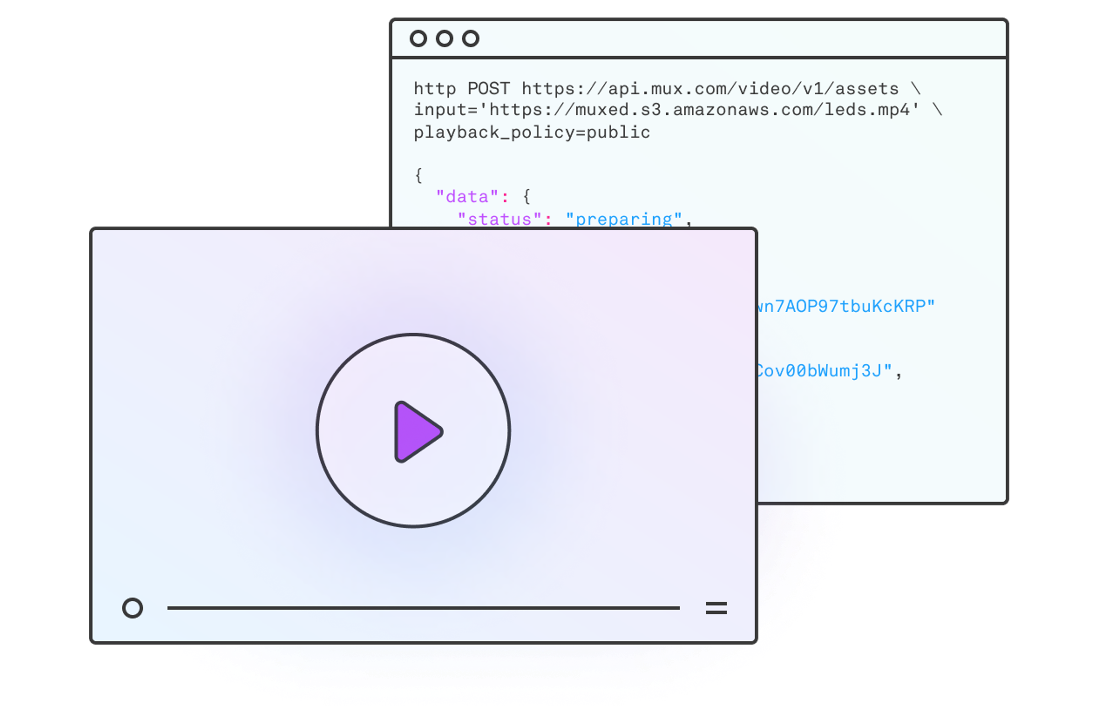 Image with of a video player with a play button overlaid on an image of simple API code