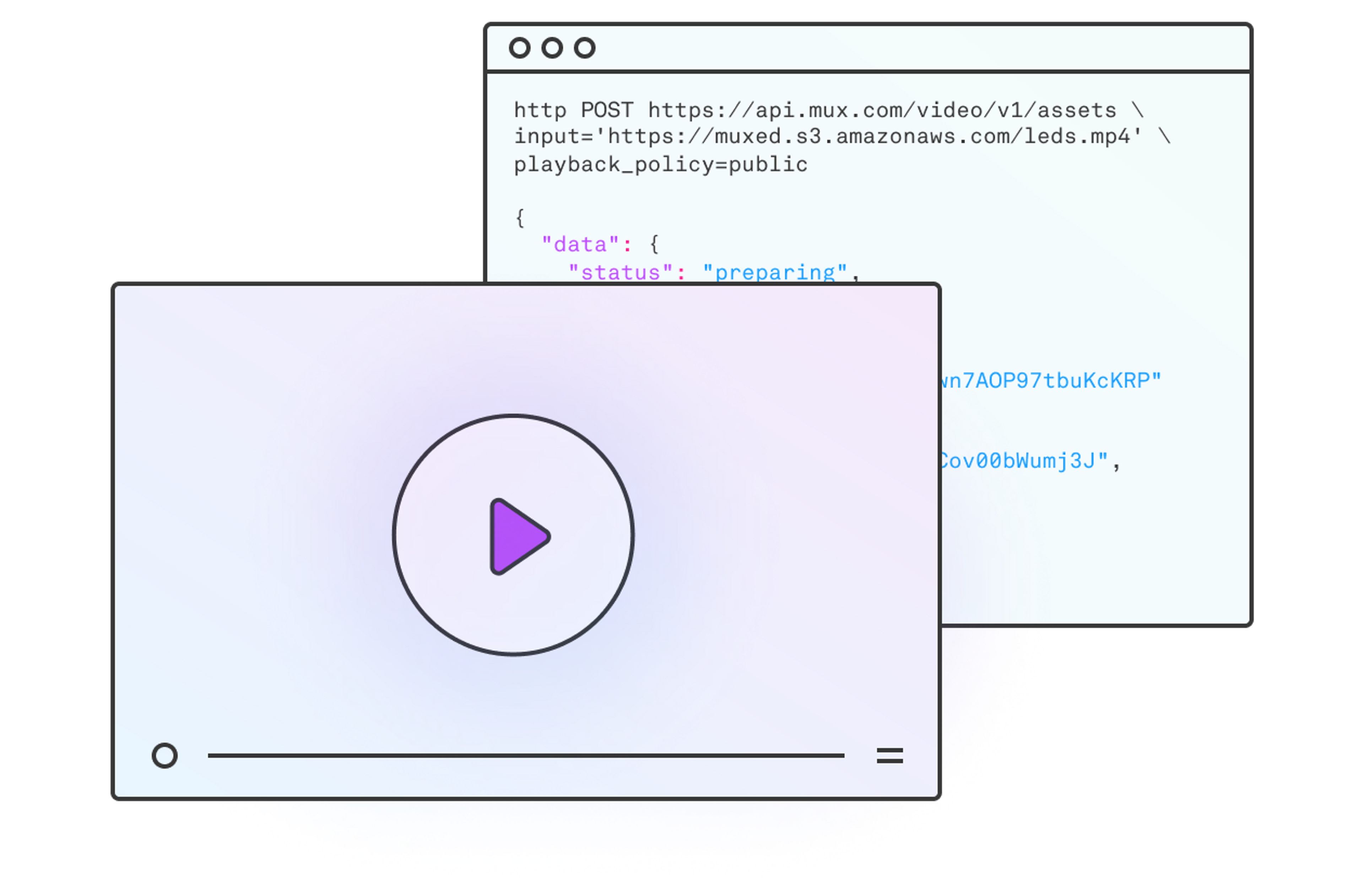Image with of a video player with a play button overlaid on an image of simple API code