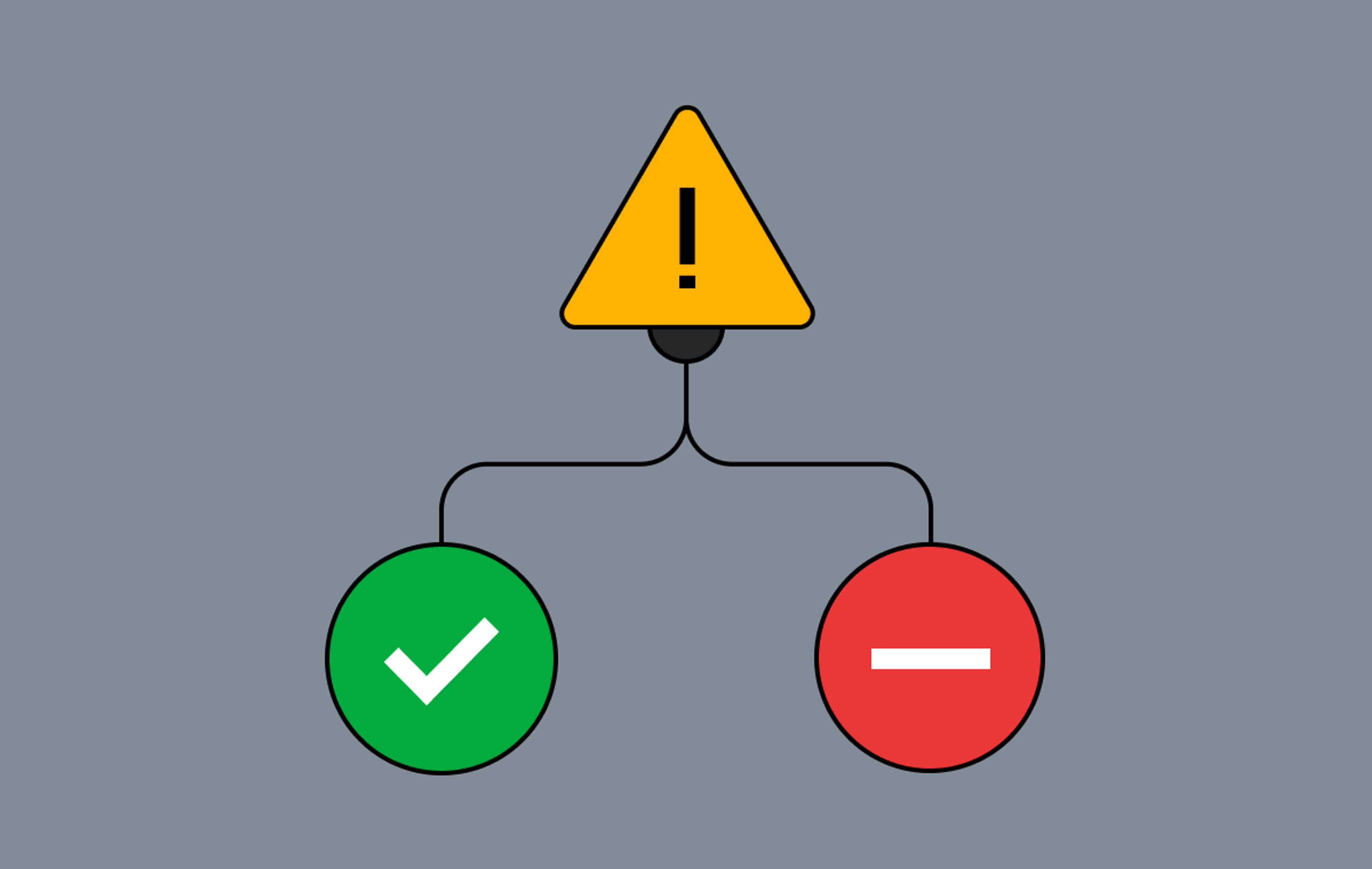 On a grey background, a yellow triangle with an exclamation point is connected to two circles below it with lines. One circle is green and has a checkmark, the other is red and has a line.