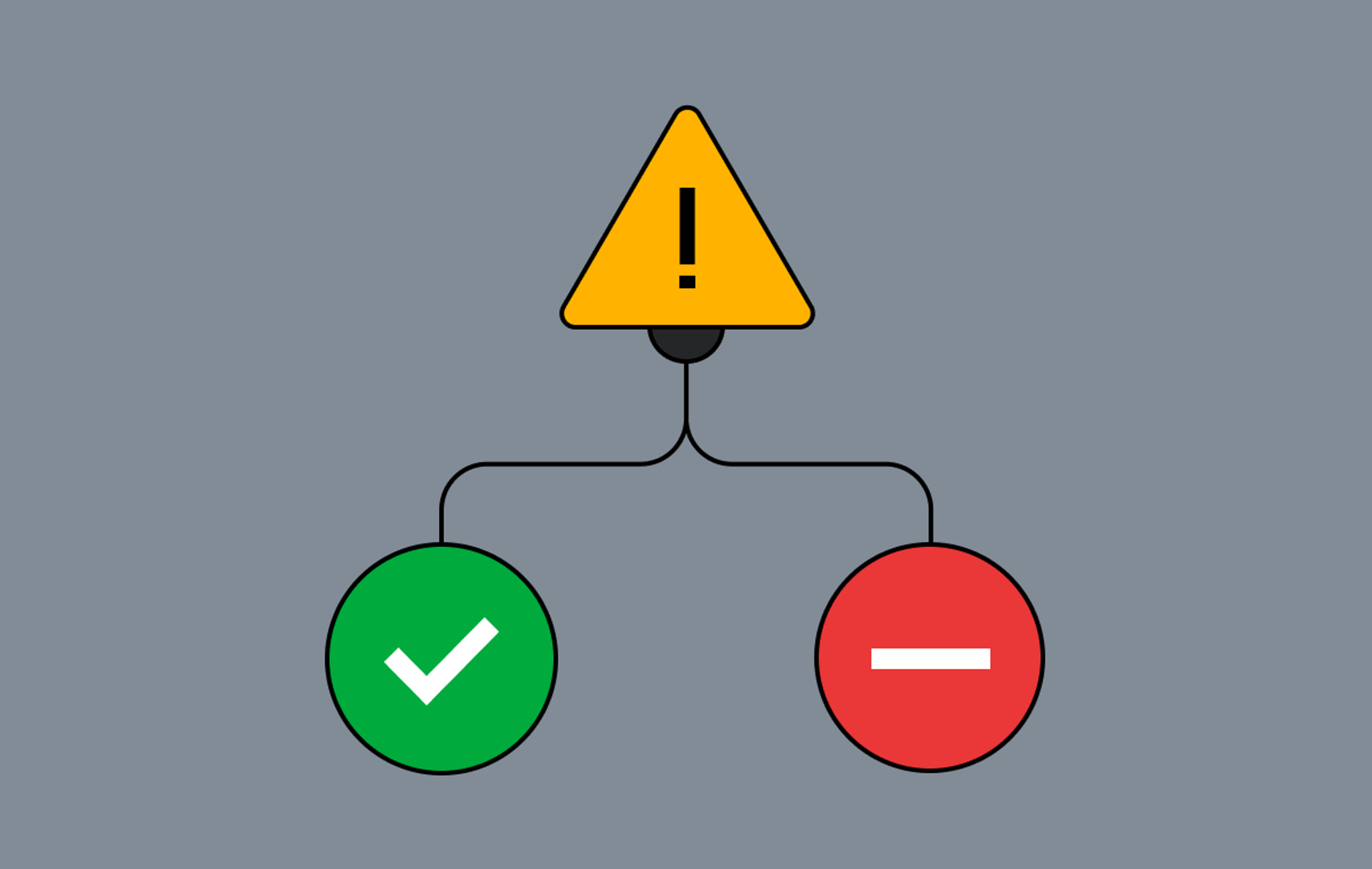 On a grey background, three symbols connected to one another. A the top of the image is a yellow triangle with an exclamation point. Connected below is a green circle with a check mark to the left and a red circle with a dash to the right. 