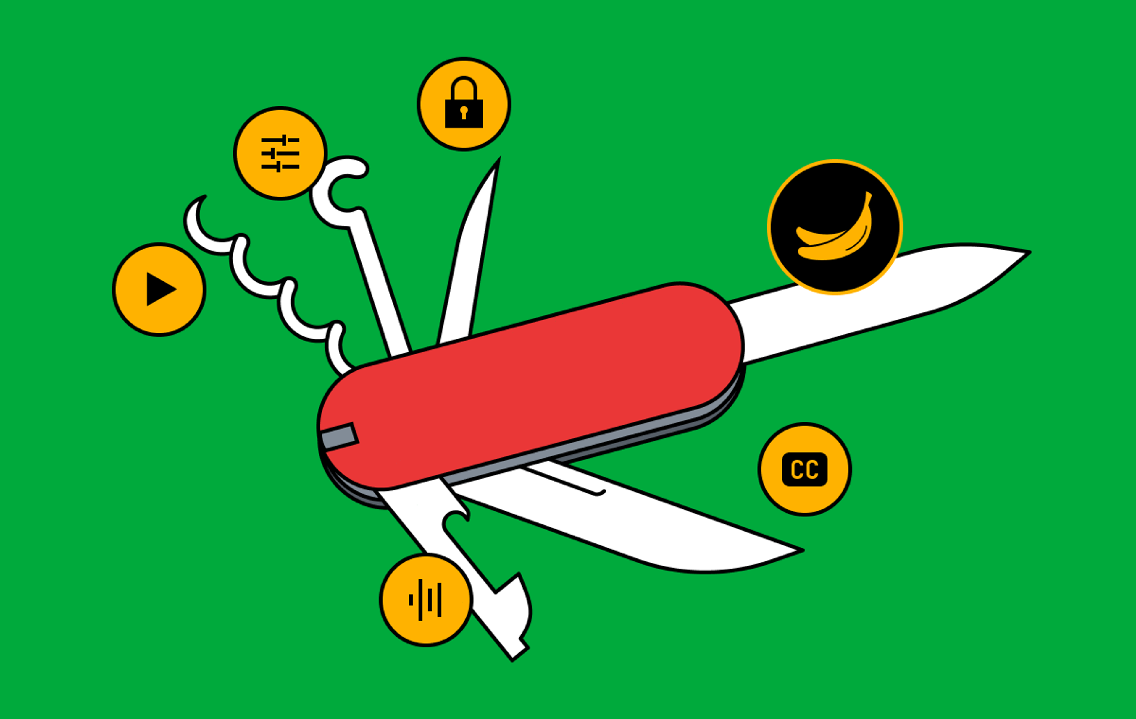 A Swiss Army knife with various video player symbols (and a banana?) floating near each tool