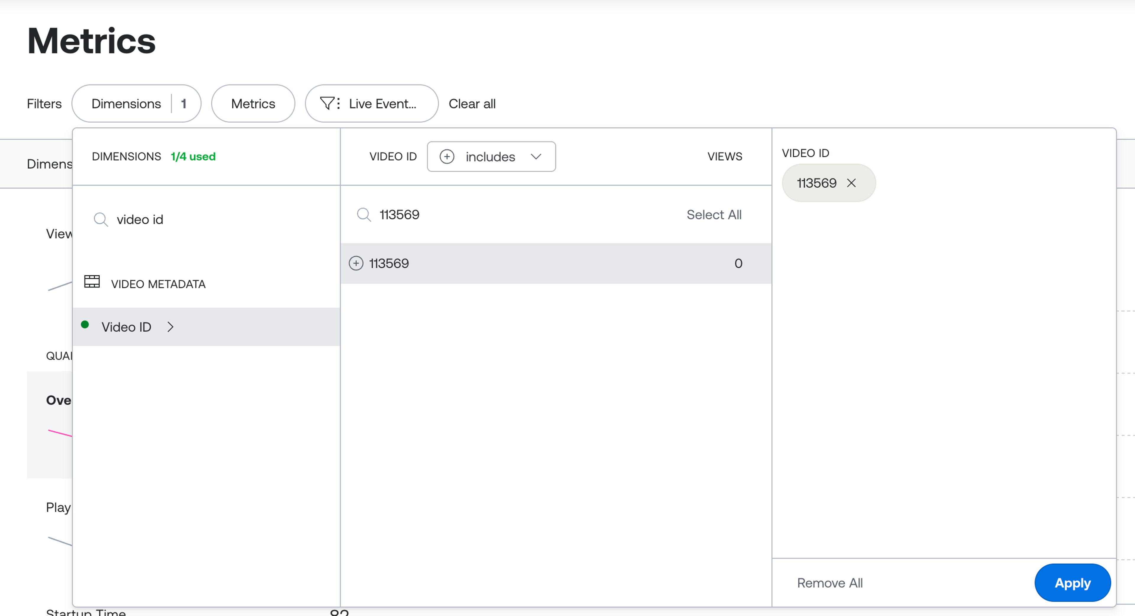 Screenshot of filter sets in Mux Data