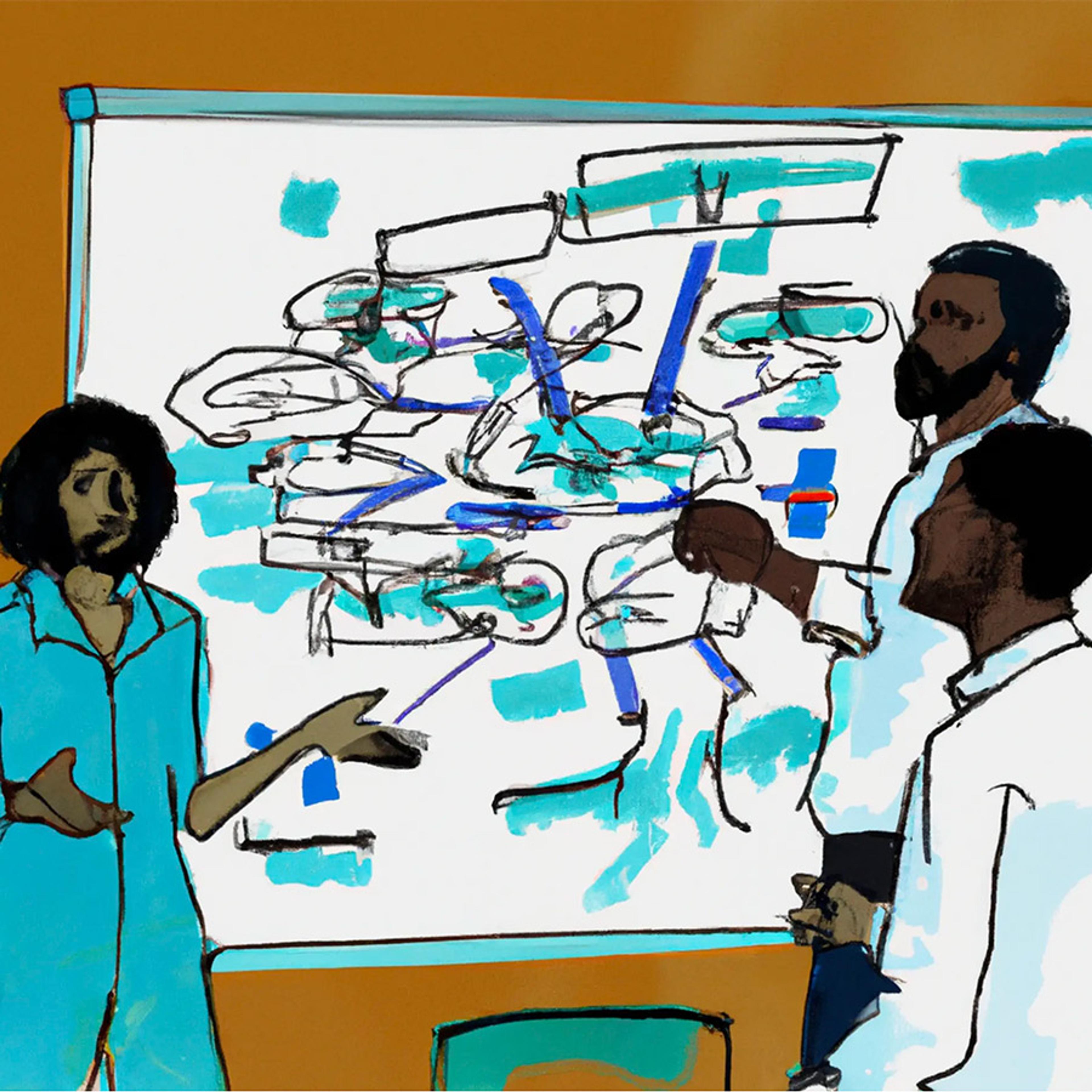 abstract art painting of a group of software engineers, in a meeting room from the 90s, proposing solutions to a complex problem on a whiteboard