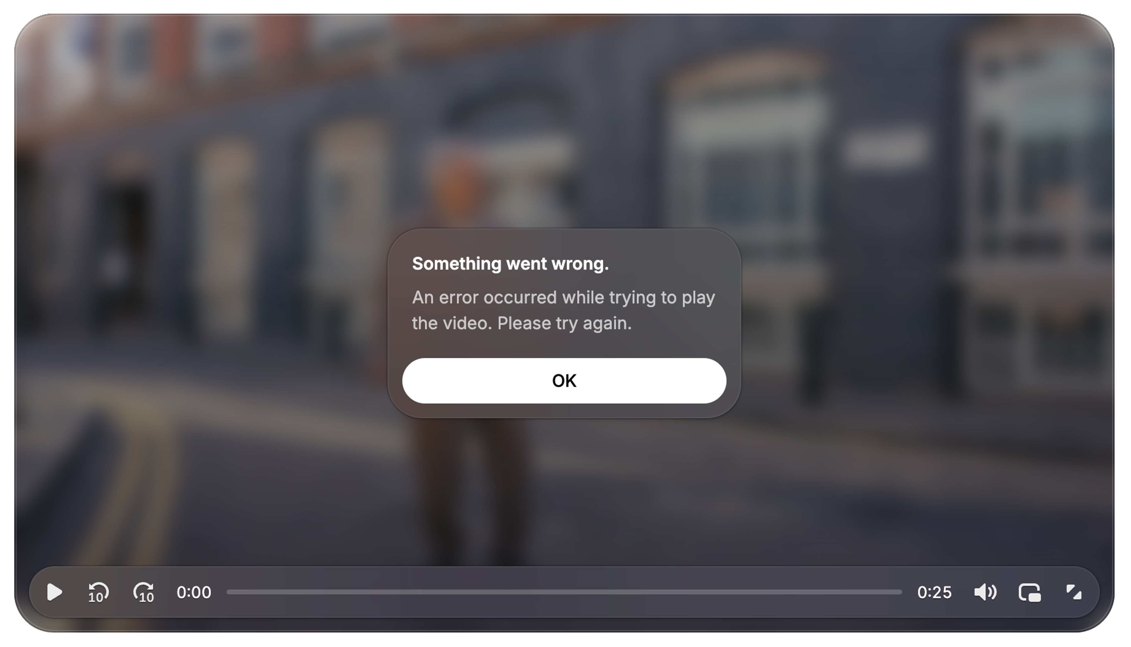Video.js v10 default skin error dialog, showing the same error message with styling that matches the default skin's rounded, dark aesthetic.