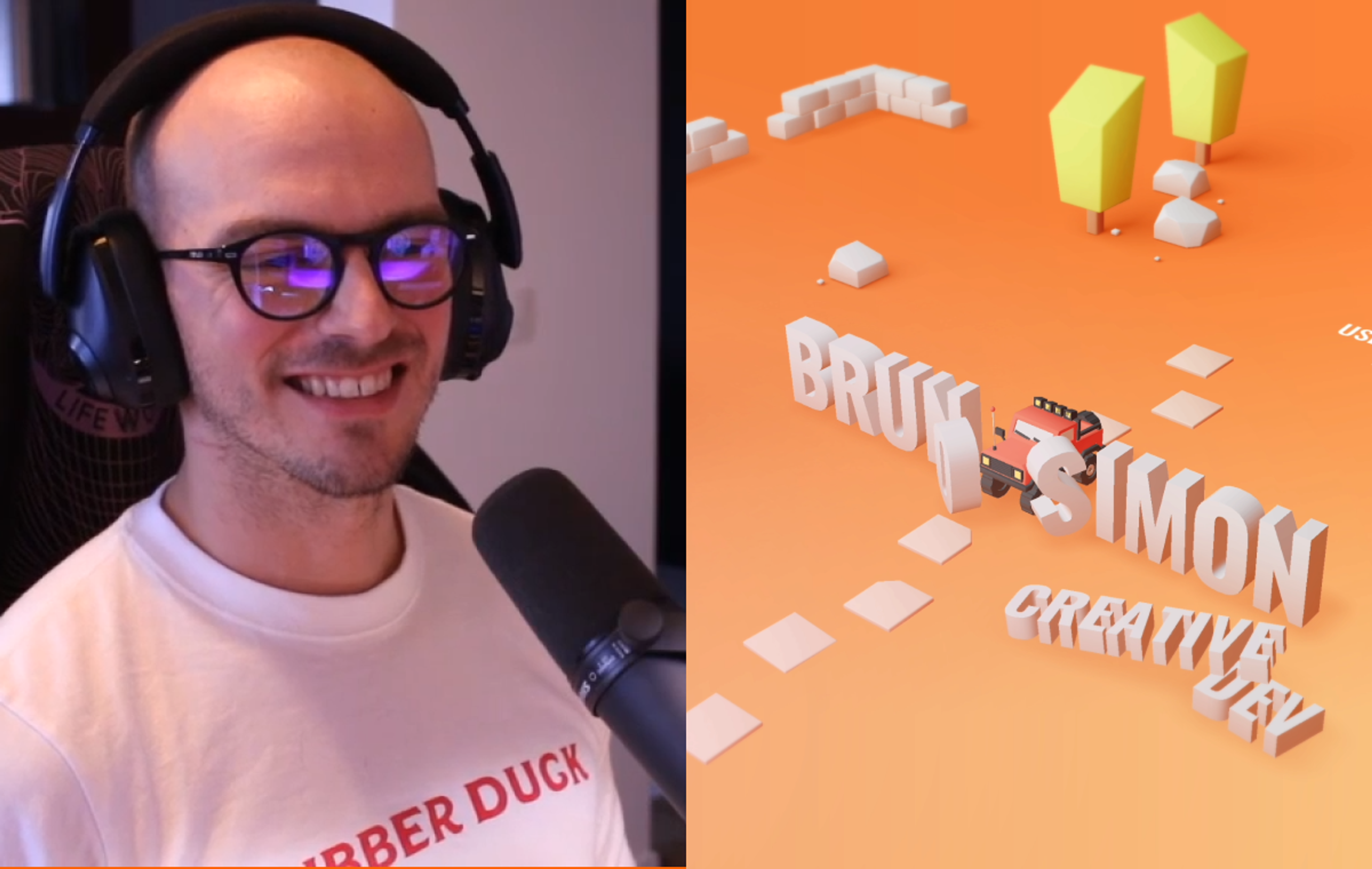 A split screen of Bruno Simon and a screenshot of his 3d website