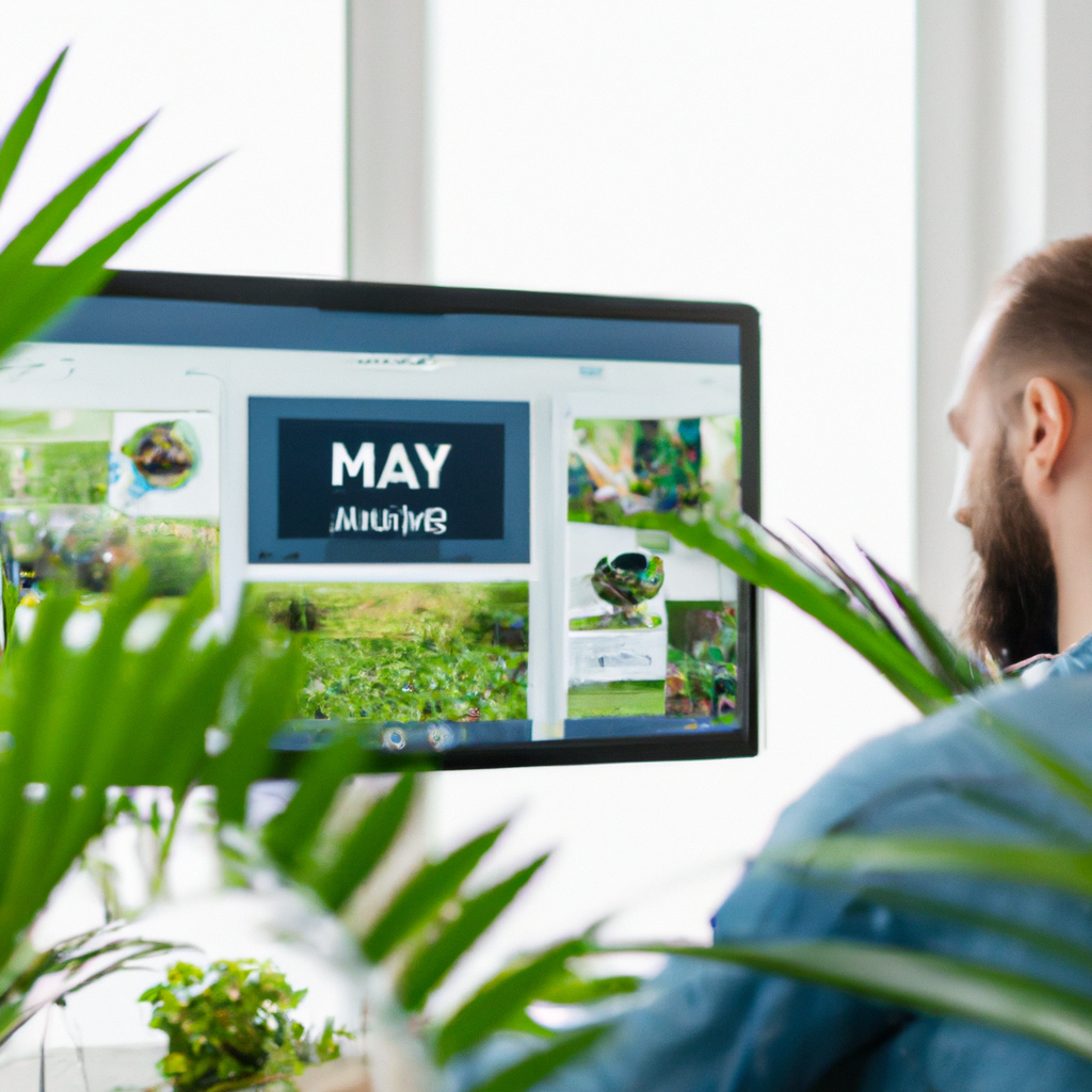 An AI-generated image of a white man working on a computer. He sits in a well-lit office surrounded by green plants. The details are smudged, it's clearly not a real photo.