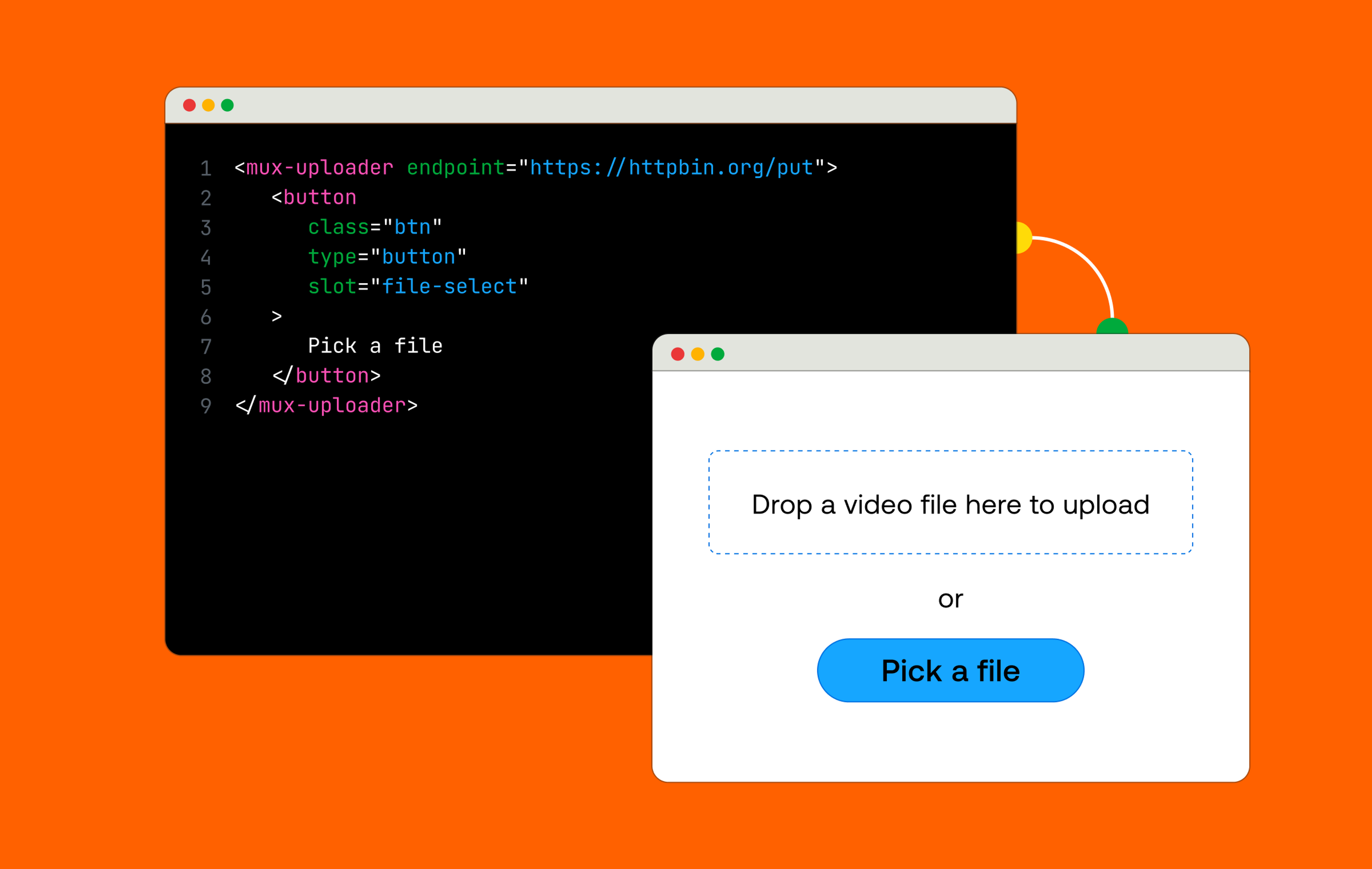 A screenshot of a code editor with example code connected to a window rendering an example of a Mux Uploader user interface.