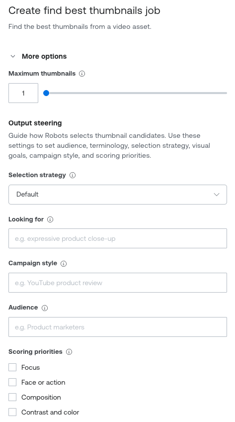 Mux dashboard 'Create find best thumbnails job' form showing the maximum thumbnails slider and output steering fields for selection strategy, looking for, campaign style, audience, and scoring priorities.