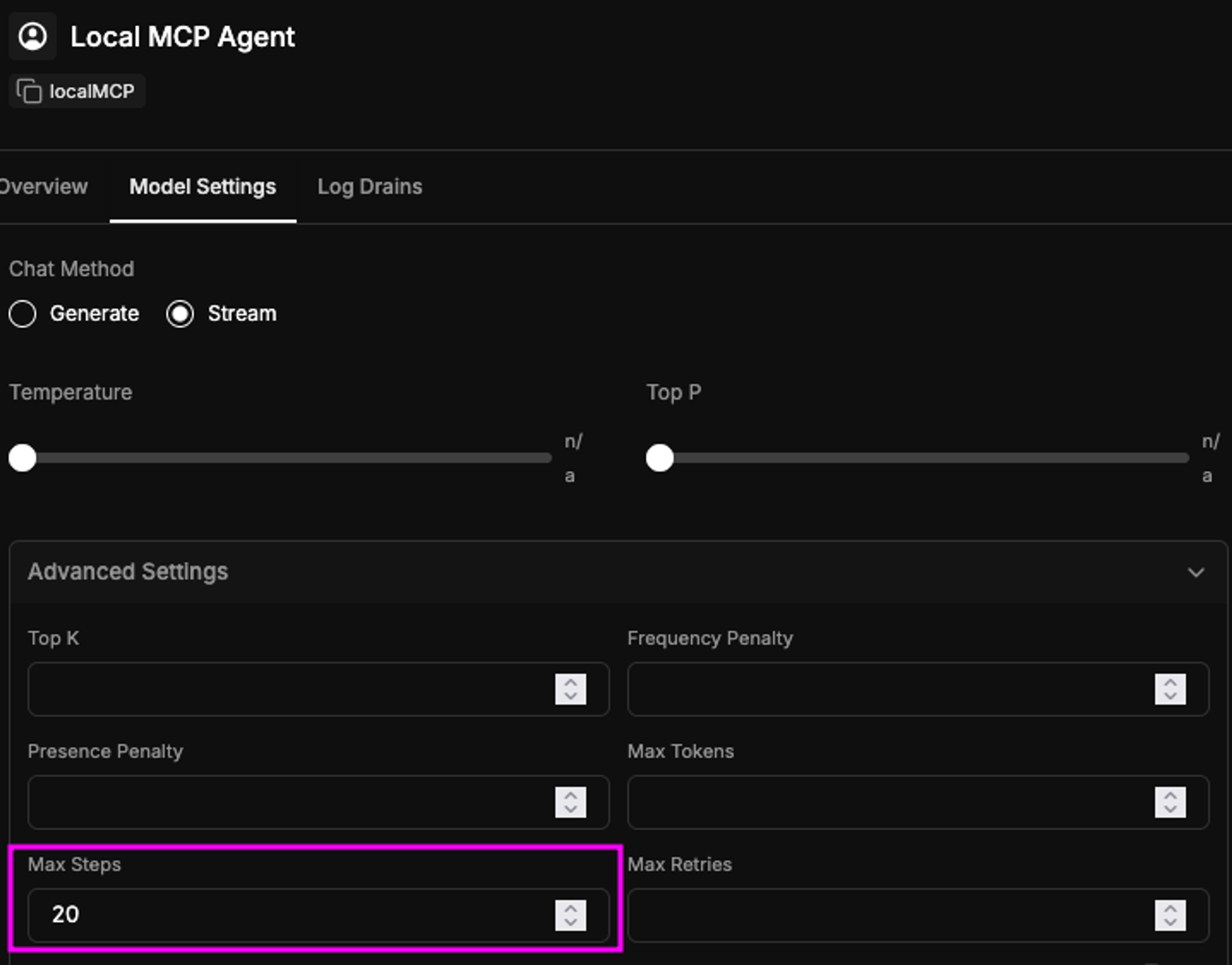 Adjusting the max steps to 20 in Model Settings