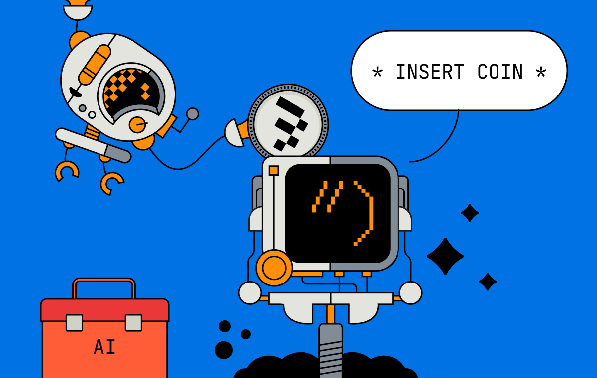 A Mux Robot inserting a coin into a another robotic machine
