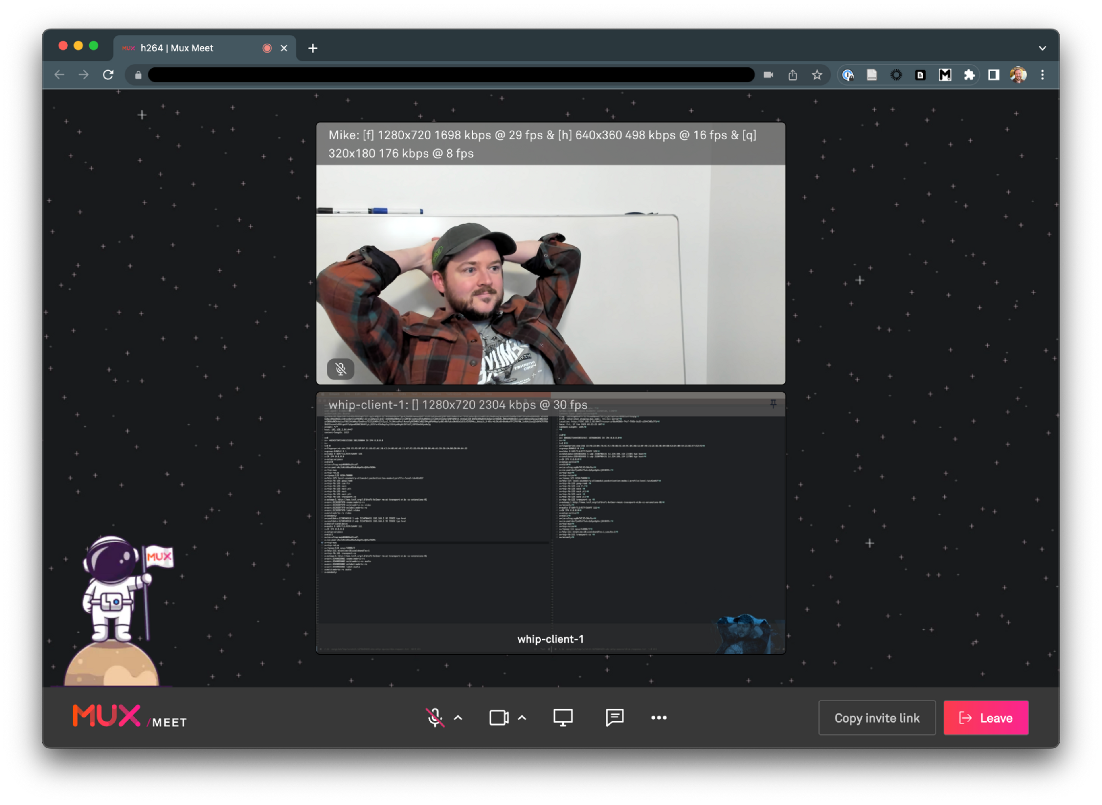 A screenshot showing a successful live stream using WHIP protocol in Mux Meet