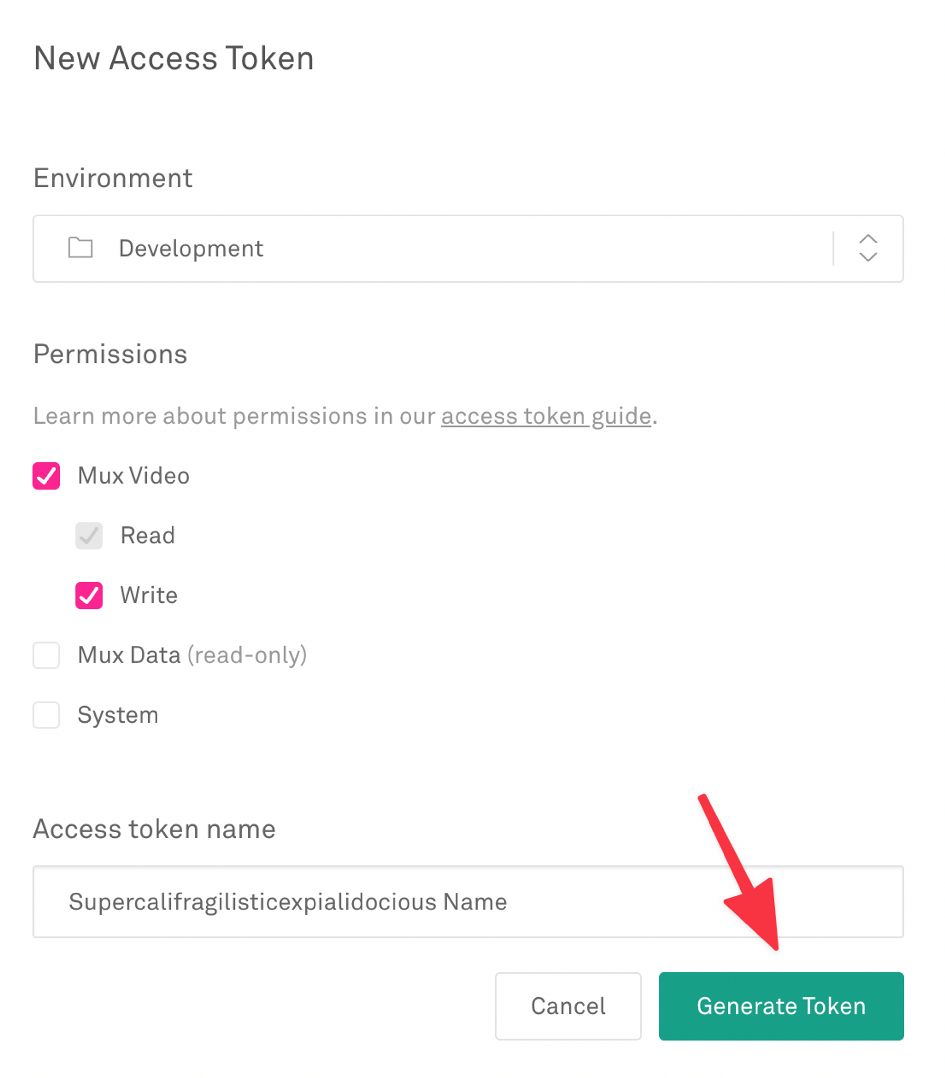 A modal for generating a new Mux access token. Permissions for Mux Video read and write are enabled.