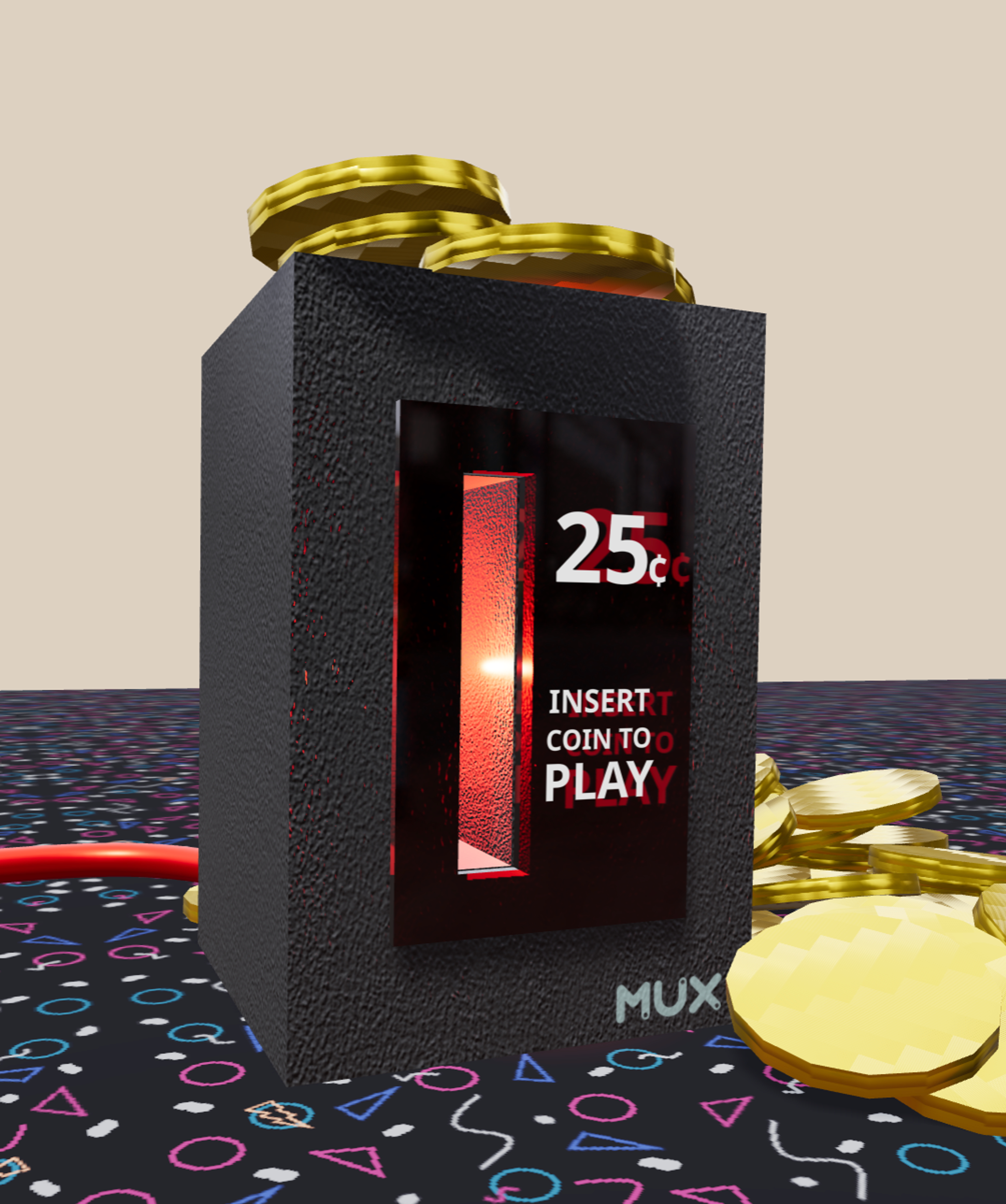 A retro-style arcade coin slot machine displays “25¢ INSERT COIN TO PLAY” in glowing red text. Gold coins are stacked on top and scattered around the base, which sits on a colorful 90s-patterned floor. The Mux logo is engraved near the bottom.