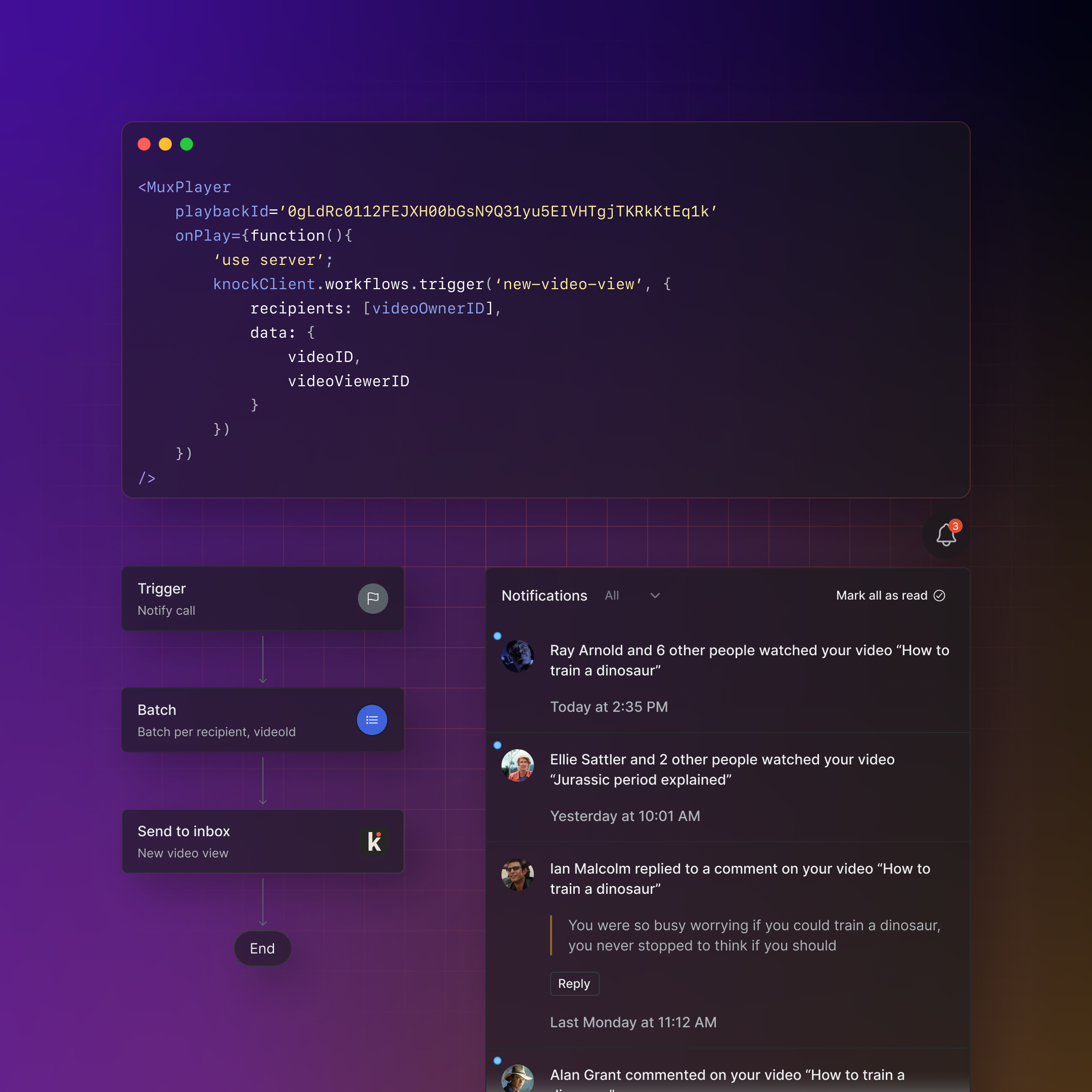 The image shows a code snippet and a user interface for managing video notifications. The code snippet includes a MuxPlayer component with a playback ID and a function that triggers a workflow called new-video-view using knockClient.workflows.trigger. This function sends data including videoID and videoViewerID to specified recipients. The user interface on the right side features a notifications panel with messages indicating that various users have watched or interacted with videos. Below the code snippet, there is a flowchart diagram illustrating the steps of a process: "Trigger", "Batch", "Send to inbox", and "End".