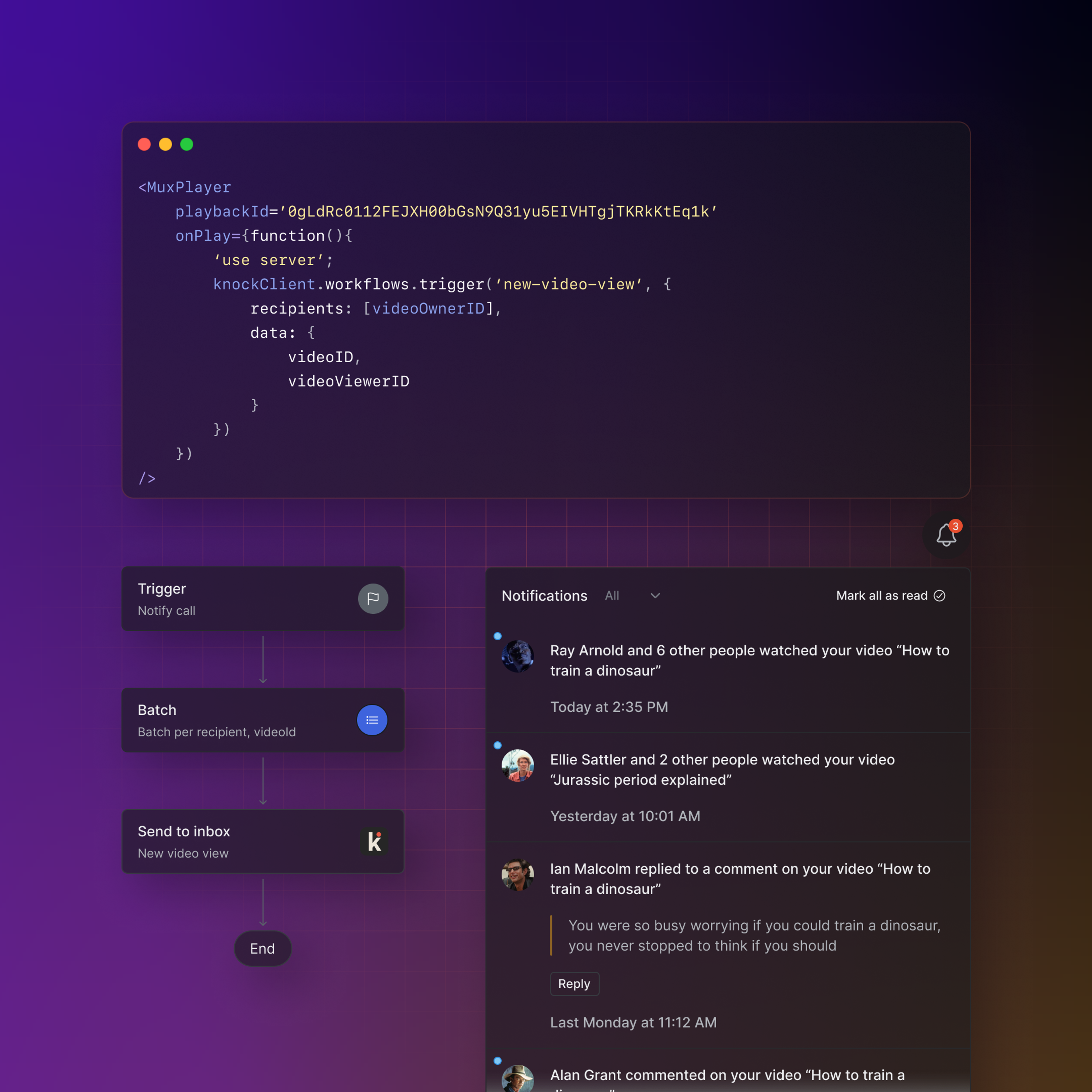 The image shows a code snippet and a user interface for managing video notifications. The code snippet includes a MuxPlayer component with a playback ID and a function that triggers a workflow called new-video-view using knockClient.workflows.trigger. This function sends data including videoID and videoViewerID to specified recipients. The user interface on the right side features a notifications panel with messages indicating that various users have watched or interacted with videos. Below the code snippet, there is a flowchart diagram illustrating the steps of a process: "Trigger", "Batch", "Send to inbox", and "End".