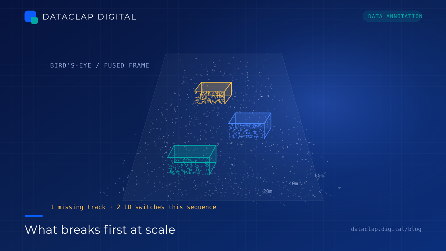 A bird's-eye point cloud with three 3D bounding boxes over vehicle clusters and range arcs marked at 20, 40 and 60 metres.