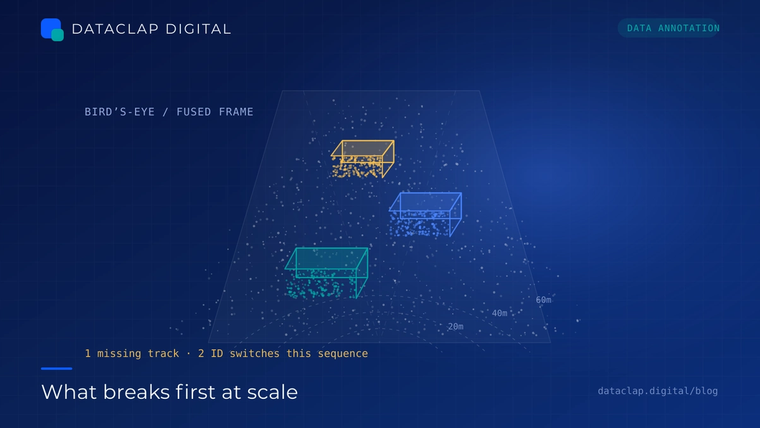 A bird's-eye point cloud with three 3D bounding boxes over vehicle clusters and range arcs marked at 20, 40 and 60 metres.