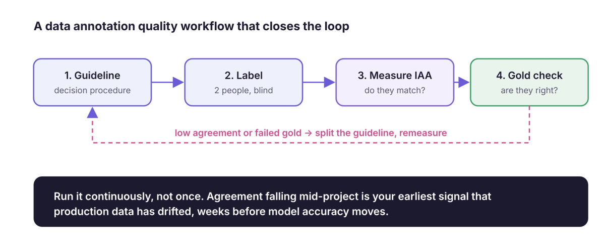 A quality workflow: guideline, blind double-labeling, measure agreement, gold check, and a feedback loop back to the guideline, run continuously.