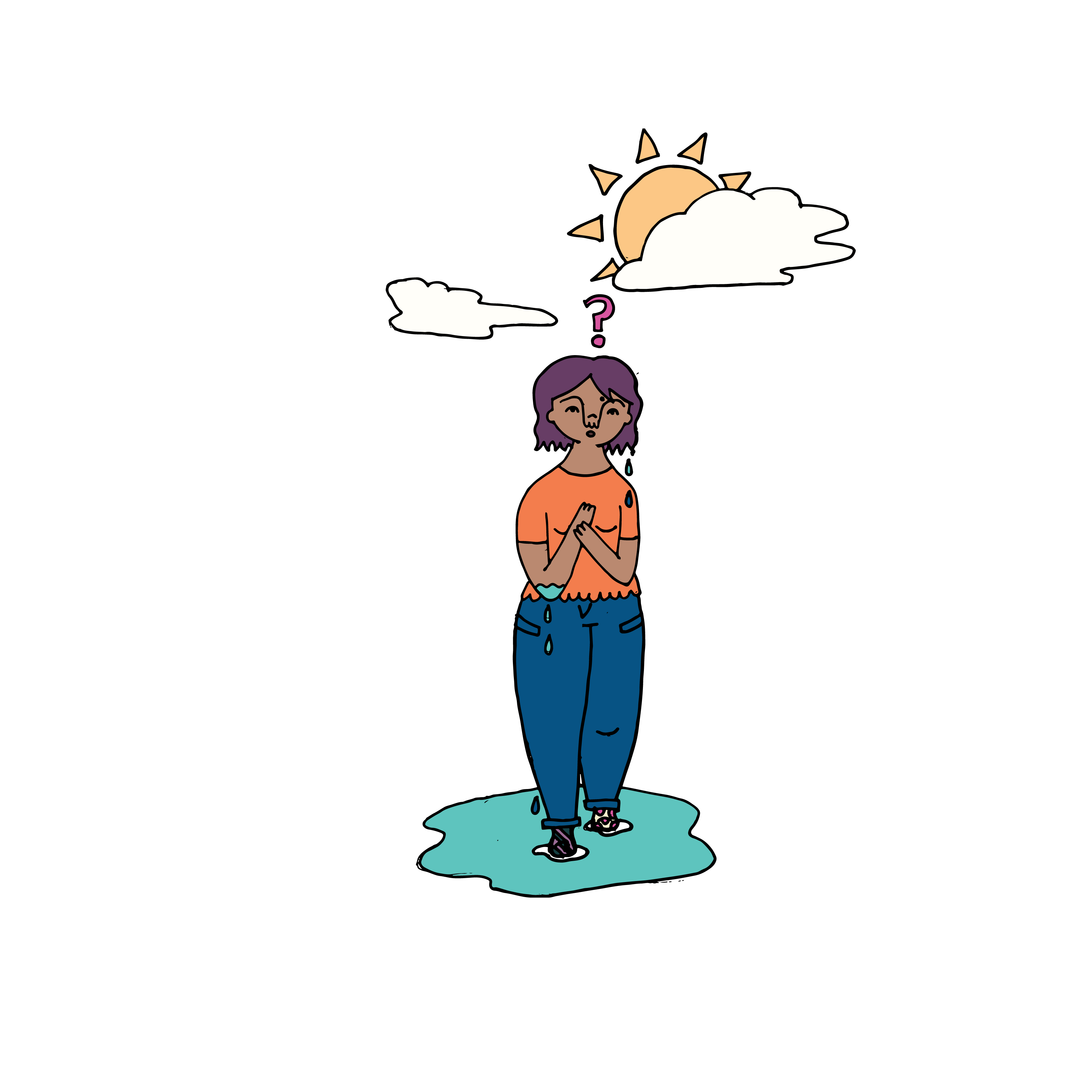 Woman looking confused standing in a puddle