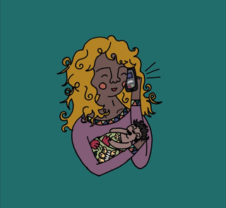 illustration of mum on phone while holding her baby