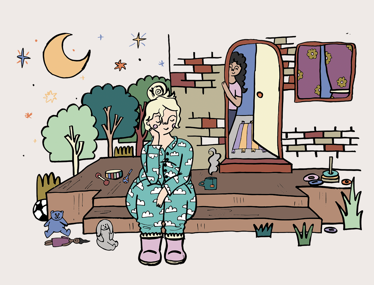 Woman sitting outside with cup of tea looking happy