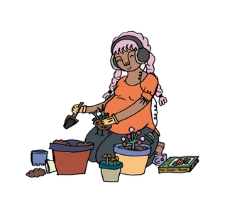 Pregnant mum gardening and listening to music