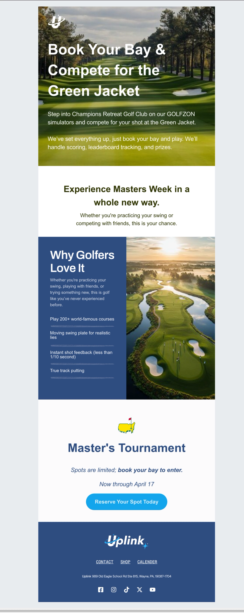 Champions Retreat — “Book Your Bay & Compete for the Green Jacket” email newsletter