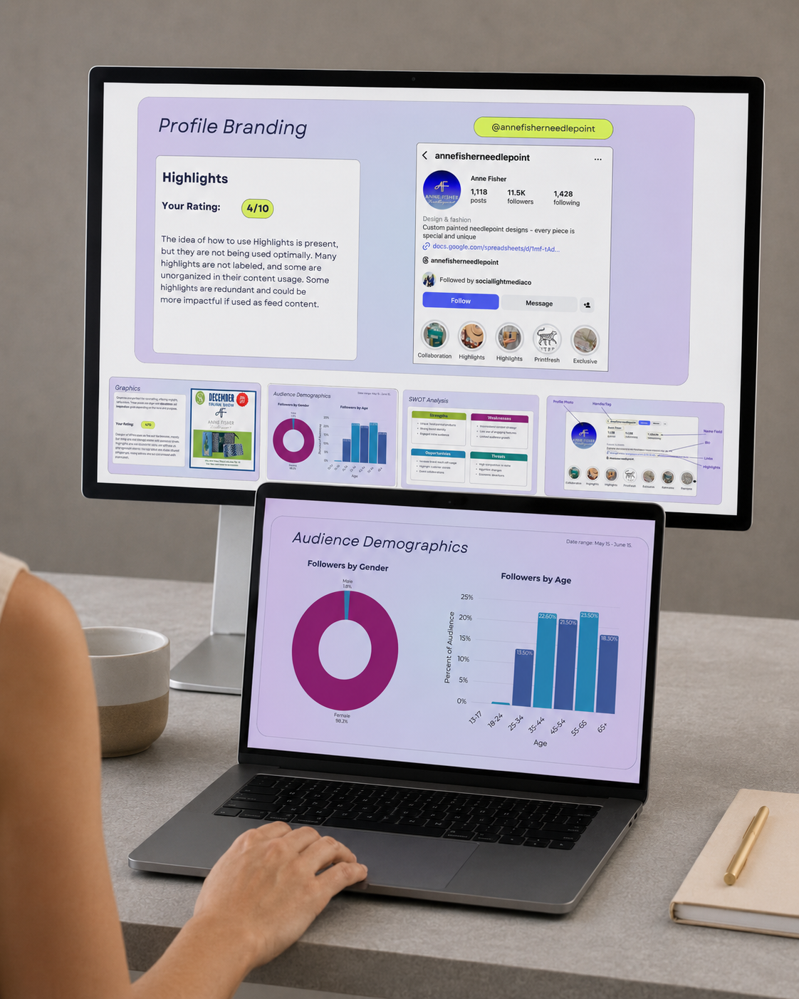 Social media audit deck on screen — profile branding review for Anne Fisher Needlepoint