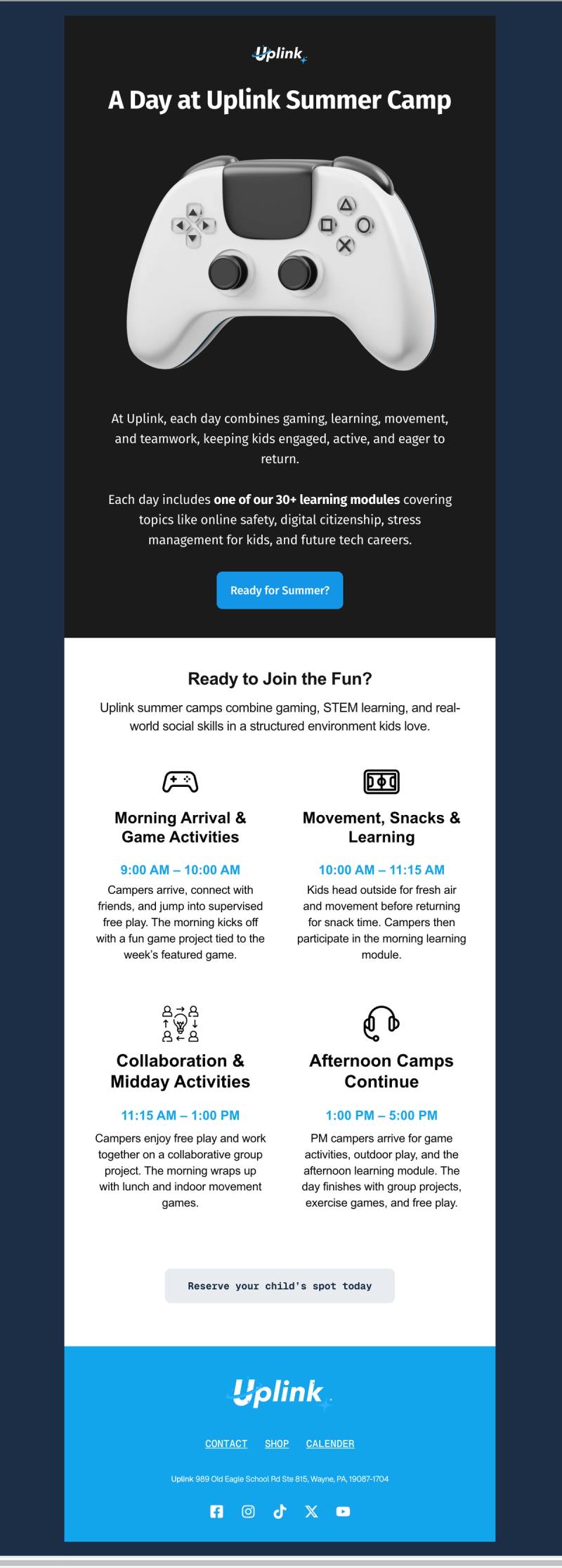 Uplink — “A Day at Uplink Summer Camp” email newsletter